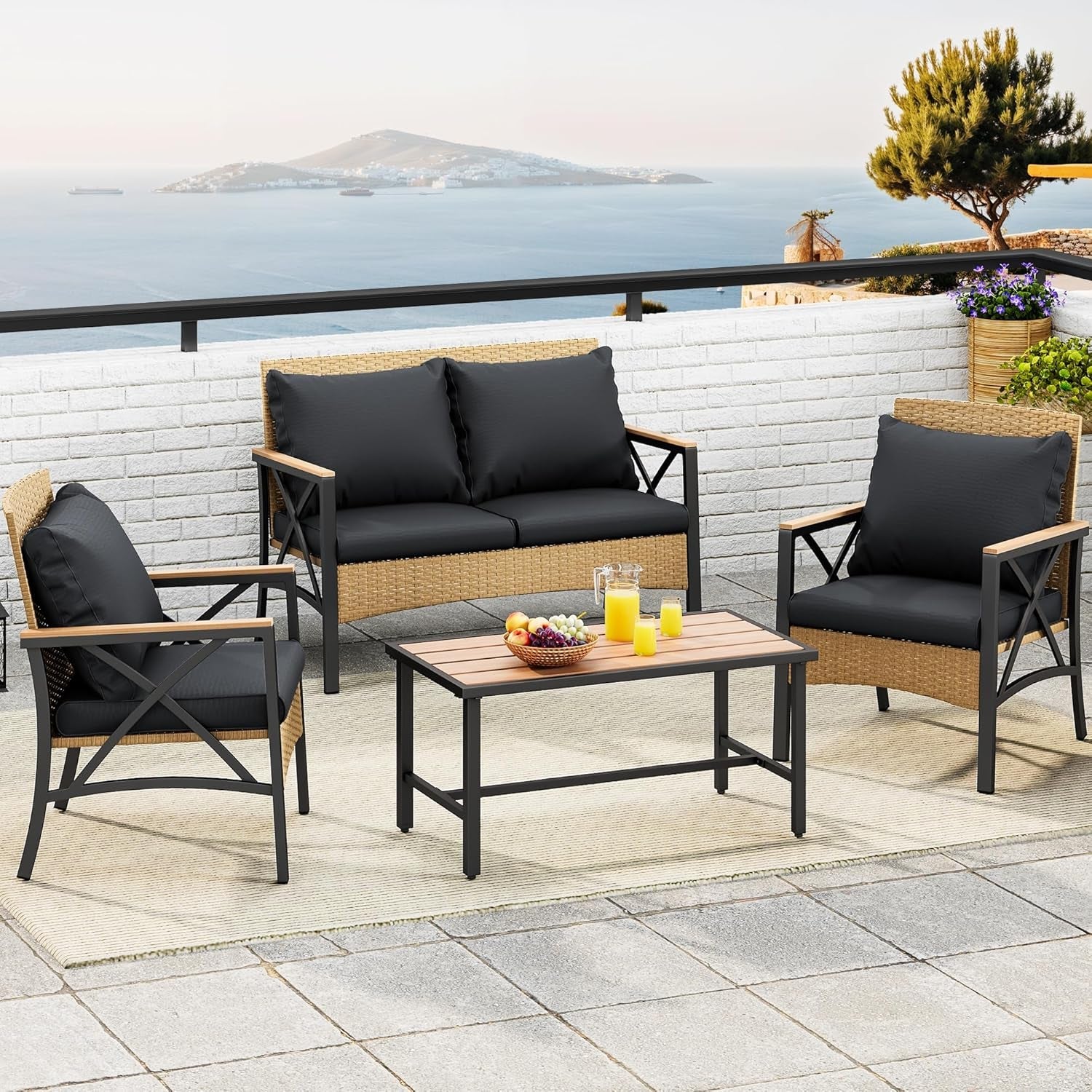 4-Piece Patio Wicker Furniture Set with Wood Armrest, All Weather Rattan Conversation Furniture Sets for Backyard, Balcony, Deck W/Soft Cushions and Plastic Wood Table (Light Brown+Black)-0