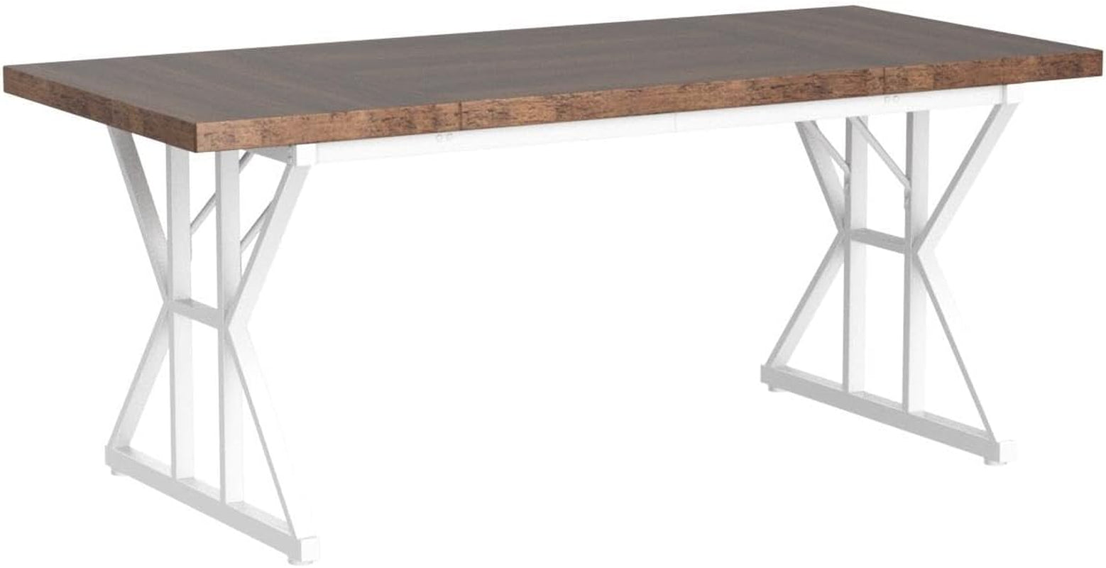Farmhouse Dining Table for 6 People, 70.8-Inch Rectangular Wood Dining Table, Rustic Kitchen Table with Heavy Duty Metal Legs for Dining Room (Brown/White)-3