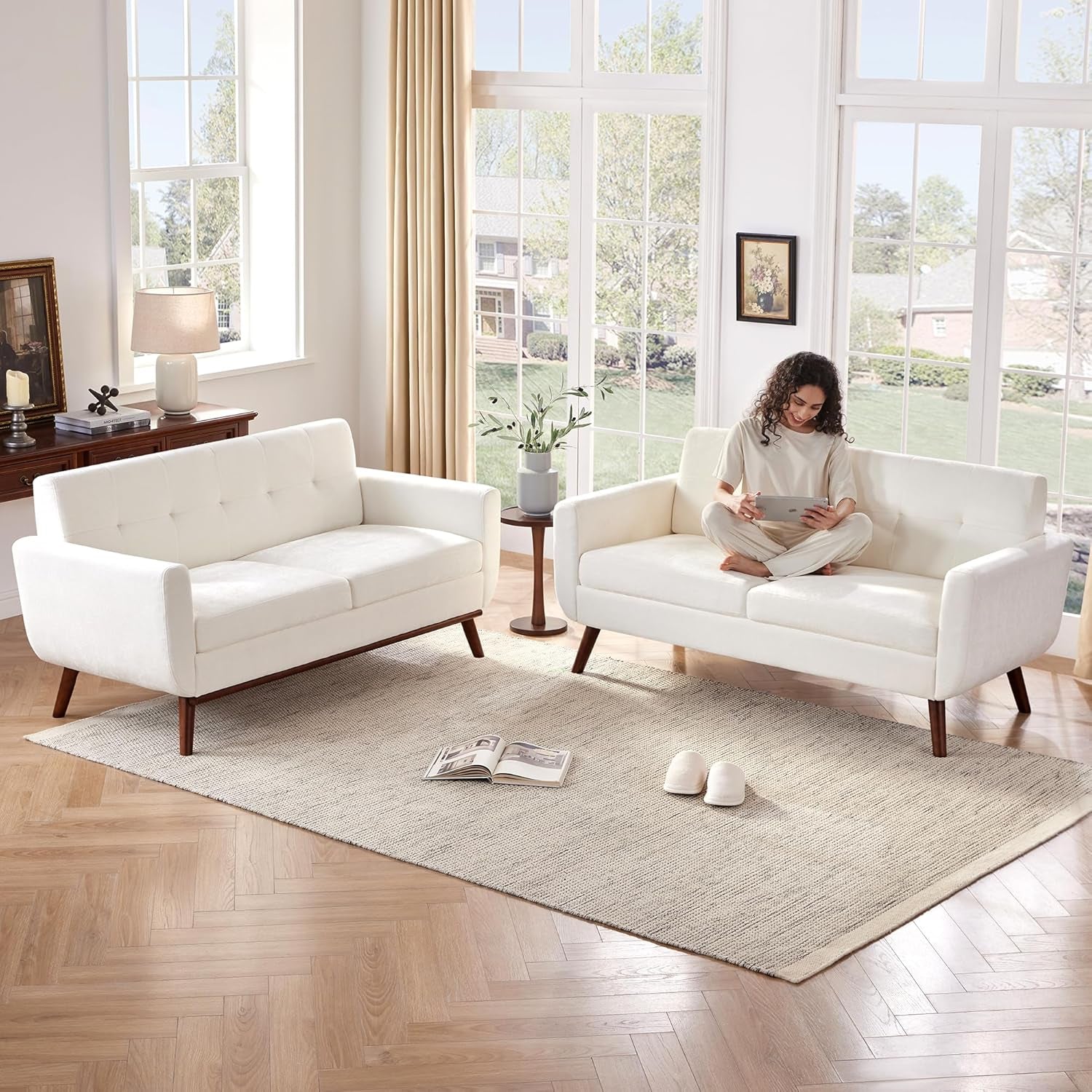 65.2" W Loveseat Sofa, Mid Century Modern Decor Love Seat Couches for Living Room, Button Tufted Upholstered Furniture, Solid & Easy to Install Small Couch for Bedroom Office Apartment, White-2