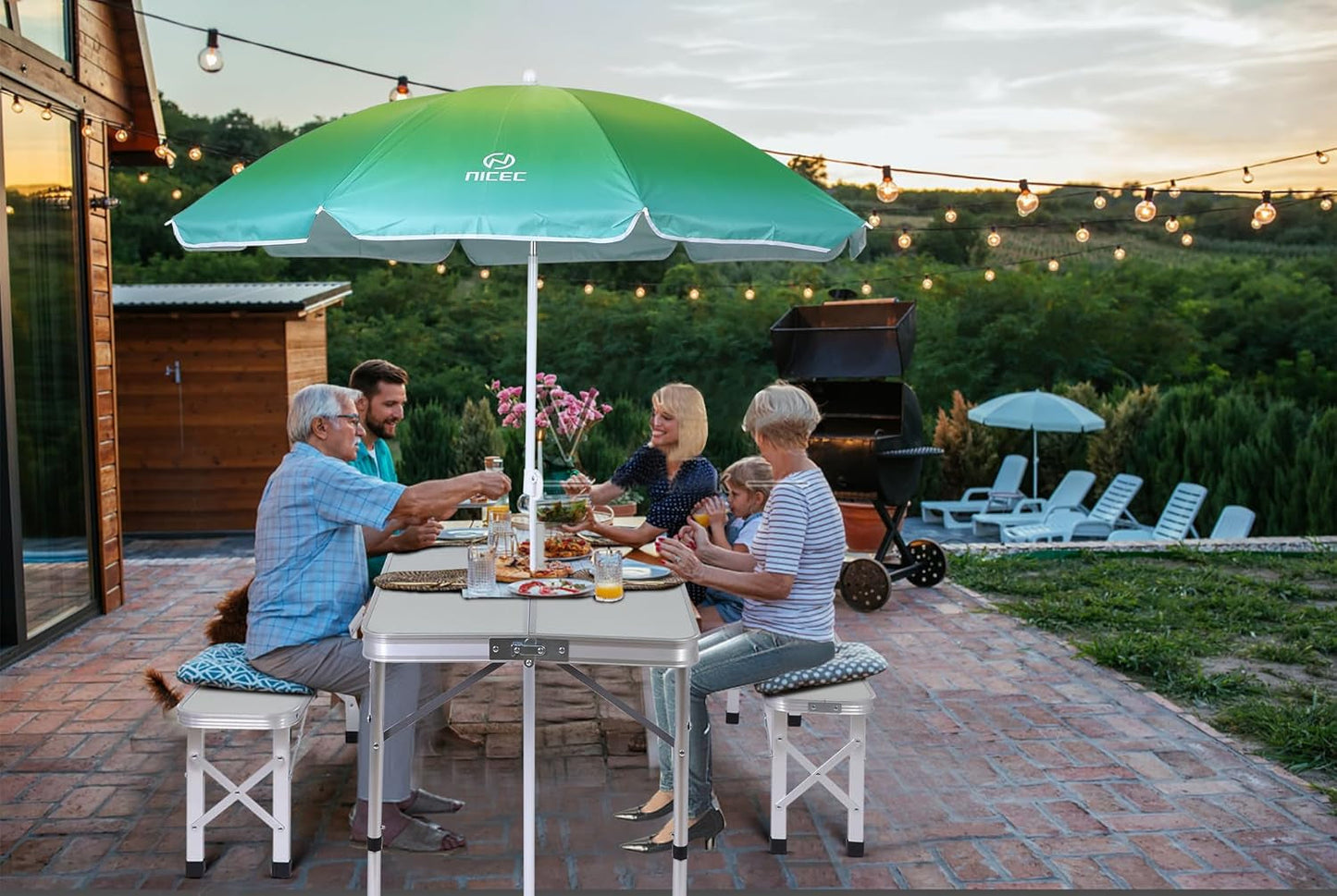 Folding Picnic Table with Umbrella Benches Mesh-0