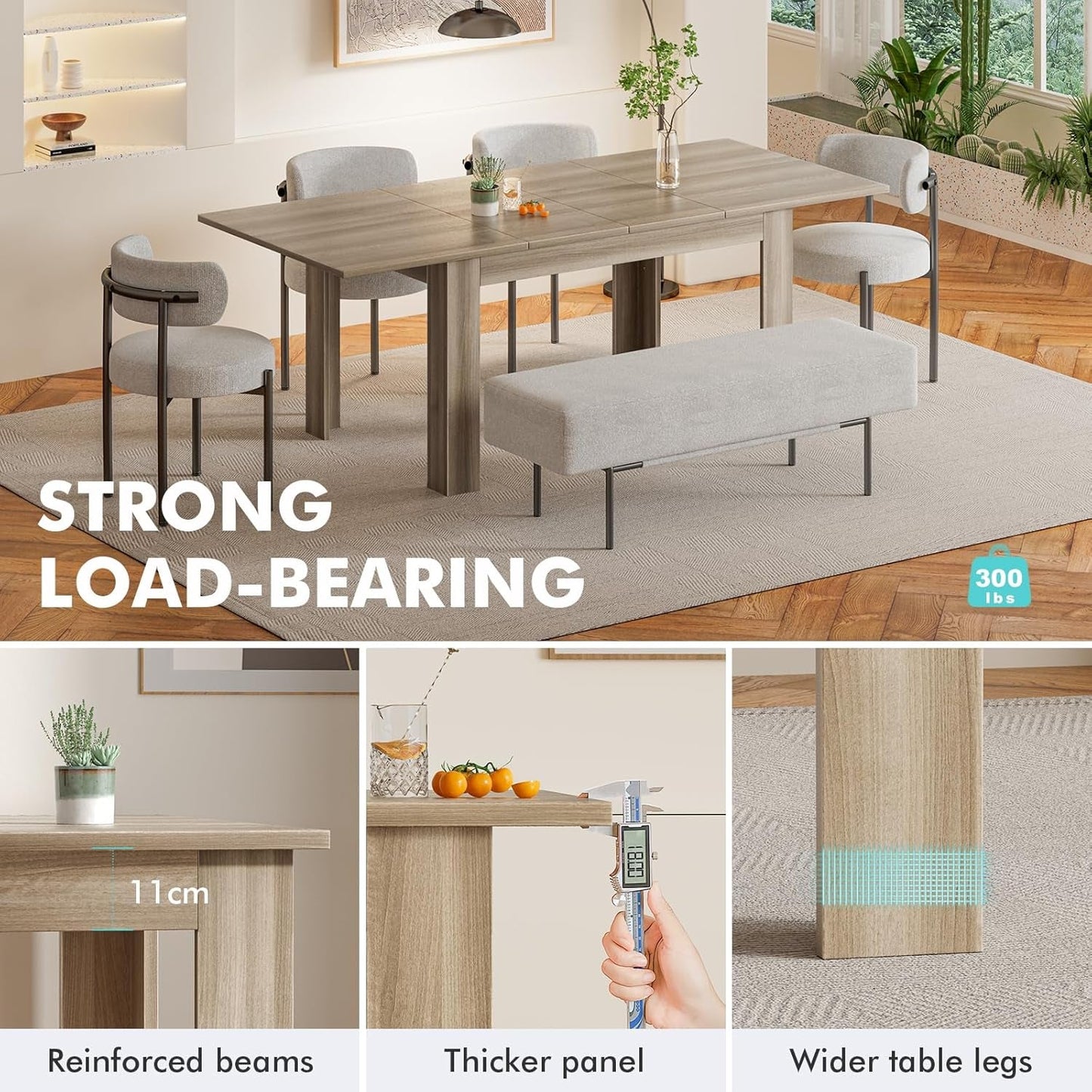 Extendable Dining Room Table for 6-10 Person, Plank and Beam Farmhouse Large Rectangular Kitchen Tables for Living Meeting Room, Oak-2