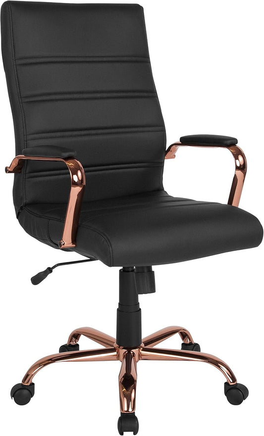 Whitney High-Back Swivel Leathersoft Desk Chair with Padded Seat and Armrests, Adjustable Height Padded Office Chair, Black/Rose Gold-0