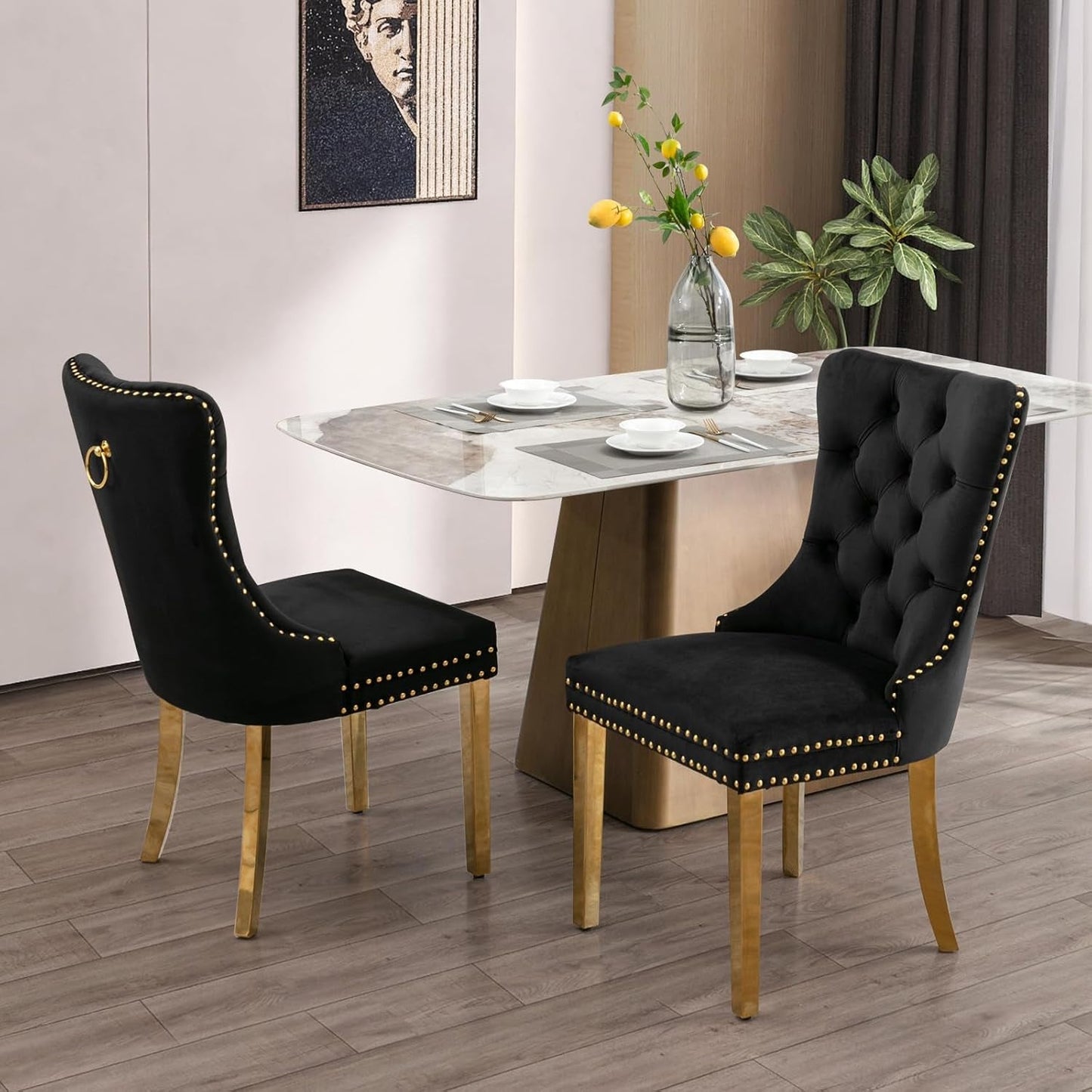Velvet Dining Chair Set of 2, Upholstered Tufted Dining Room Chair with Nailhead Trim and Stainless Steel Gold Plated Leg for Kitchen, Black-0