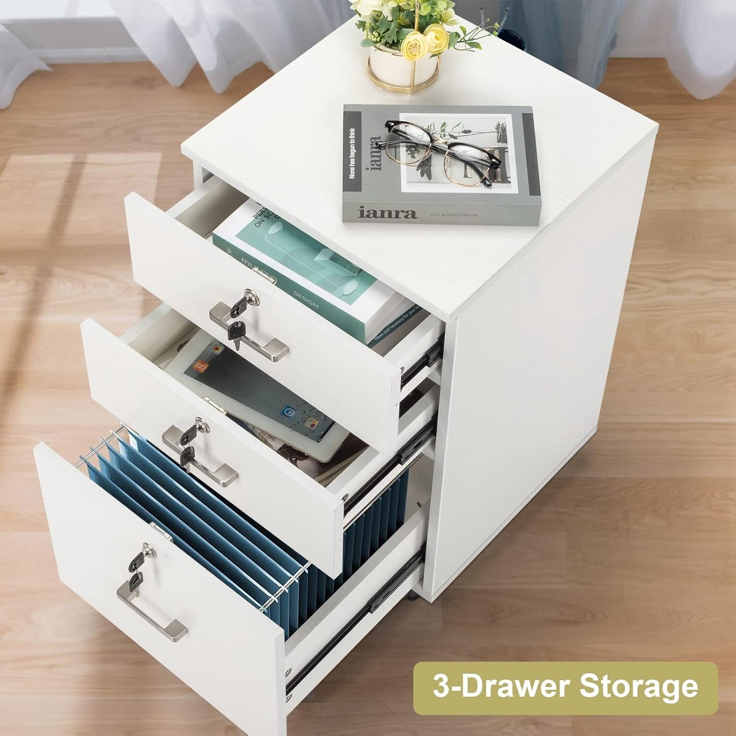 White Mobile File Cabinet, 3 Drawers, Lock-3
