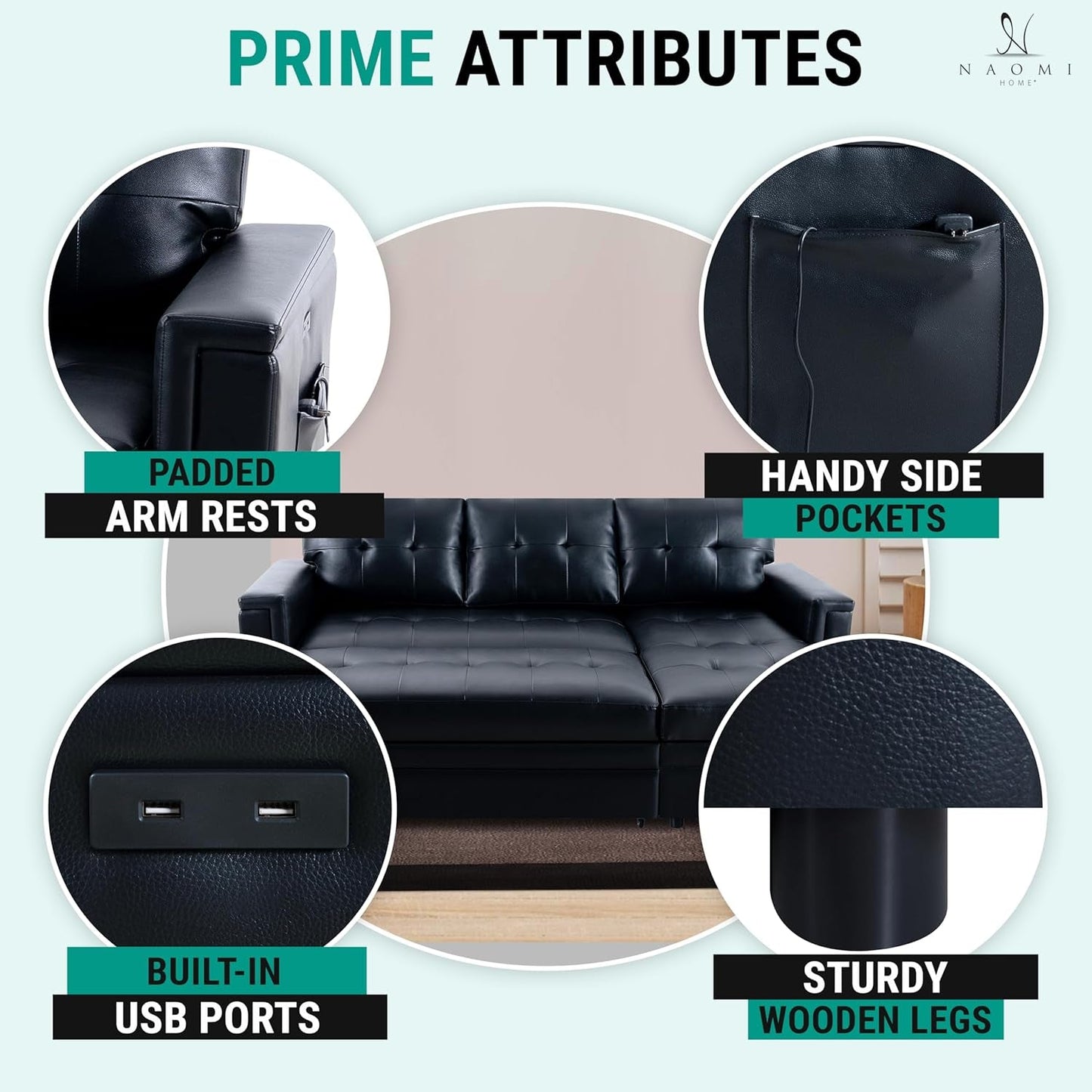 L-Shaped Sectional Sleeper Sofa with USB Ports - Convertible Pull-Out Bed, Ample Storage, Timeless Design, Durable Construction, Black/Air Leather-2