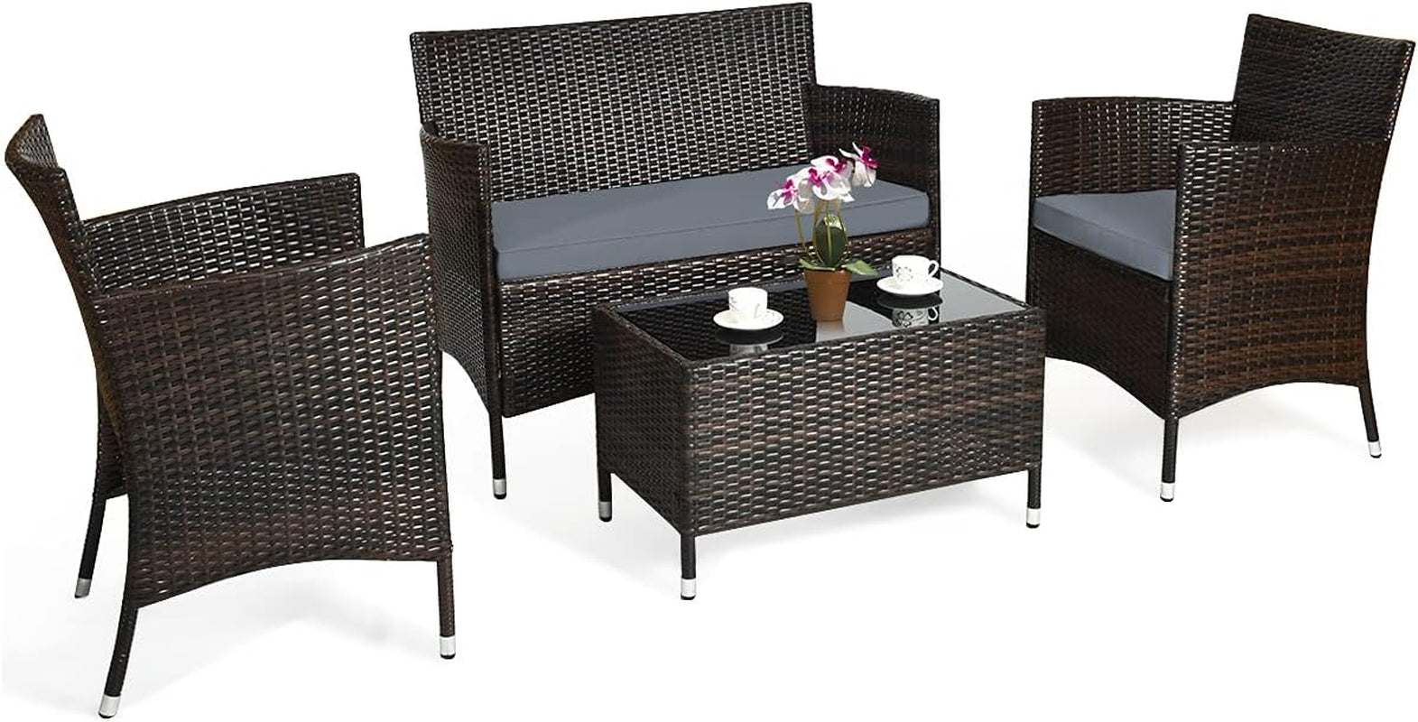 4PCS Rattan Patio Furniture Set, Outdoor Wicker Rattan Chairs with Coffee Table, Rattan Cushioned Conversation Set for Backyard Balcony Porch Poolside, Grey-0