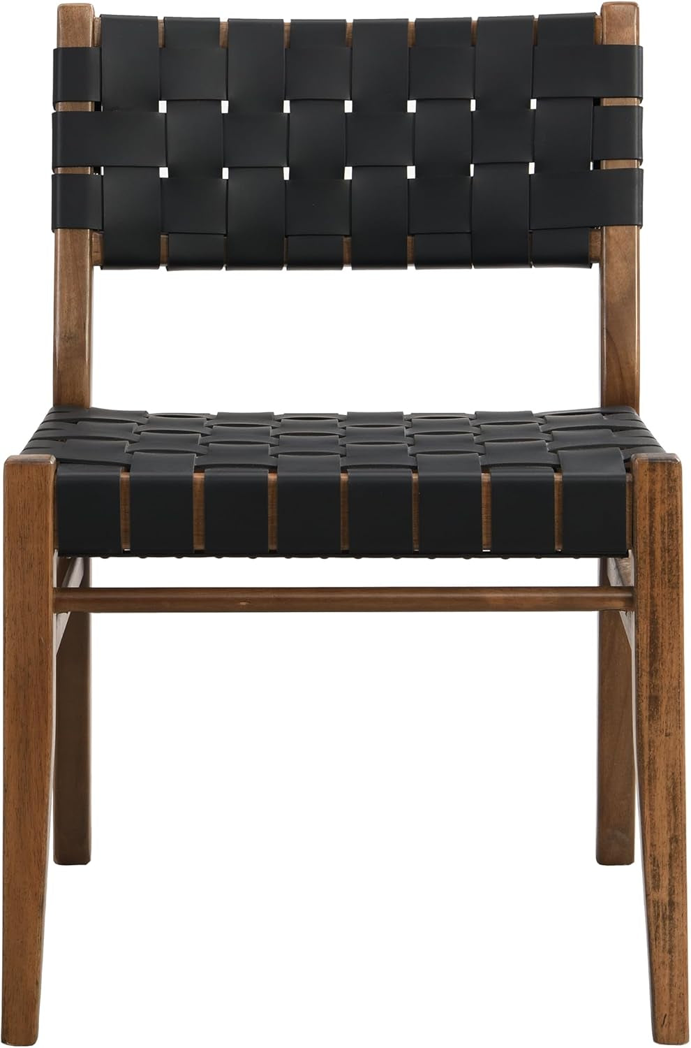 Set of 2 Indoor Rubberwood Frame Armless Dining Chairs, Seating and Backrest with Rope Weave by Pu/Faux Leather, for Dining Room Kitchen, Restaurant, Party, Walnut and Black-3