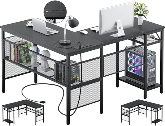 L-Shaped Desk with USB and Power Outlet, Black-0