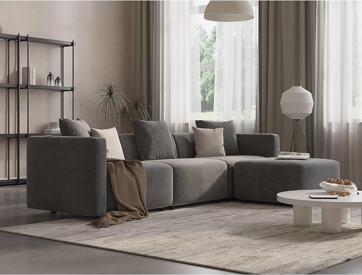 Luxury L-Shaped Upholstery Convertible Modular Sectional Sofa, Contemporary Reversible Couch with Chaise Lounge for Living Room, Apartment, 4 Piece Set, Grey-2