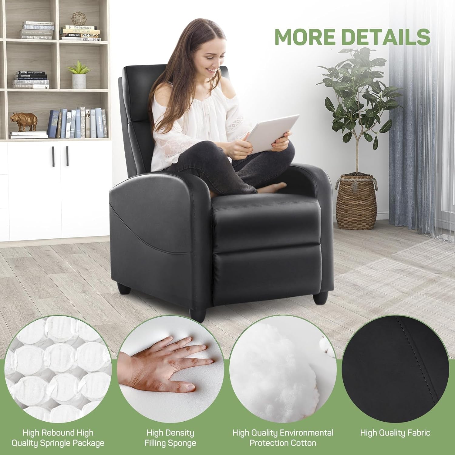 Recliner Chair with Massage and Lumbar Support, Small PU Leather Home Theater Seating, Adjustable Modern Reclining Chair for Adults in Living Room-3