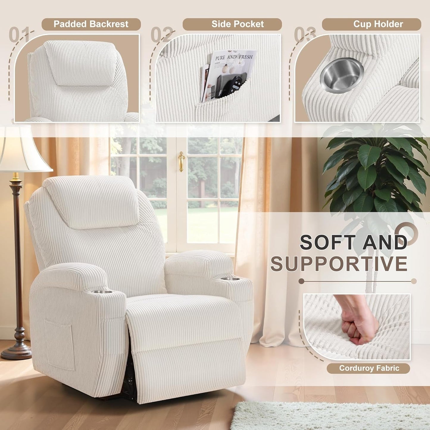 Power Lift Recliner Chair with Massage for Elderly Ergonomic Lounge Chair Classic Single Sofa with 2 Cup Holders Side Pockets Home Theater Seat (Corduroy, Beige)-1