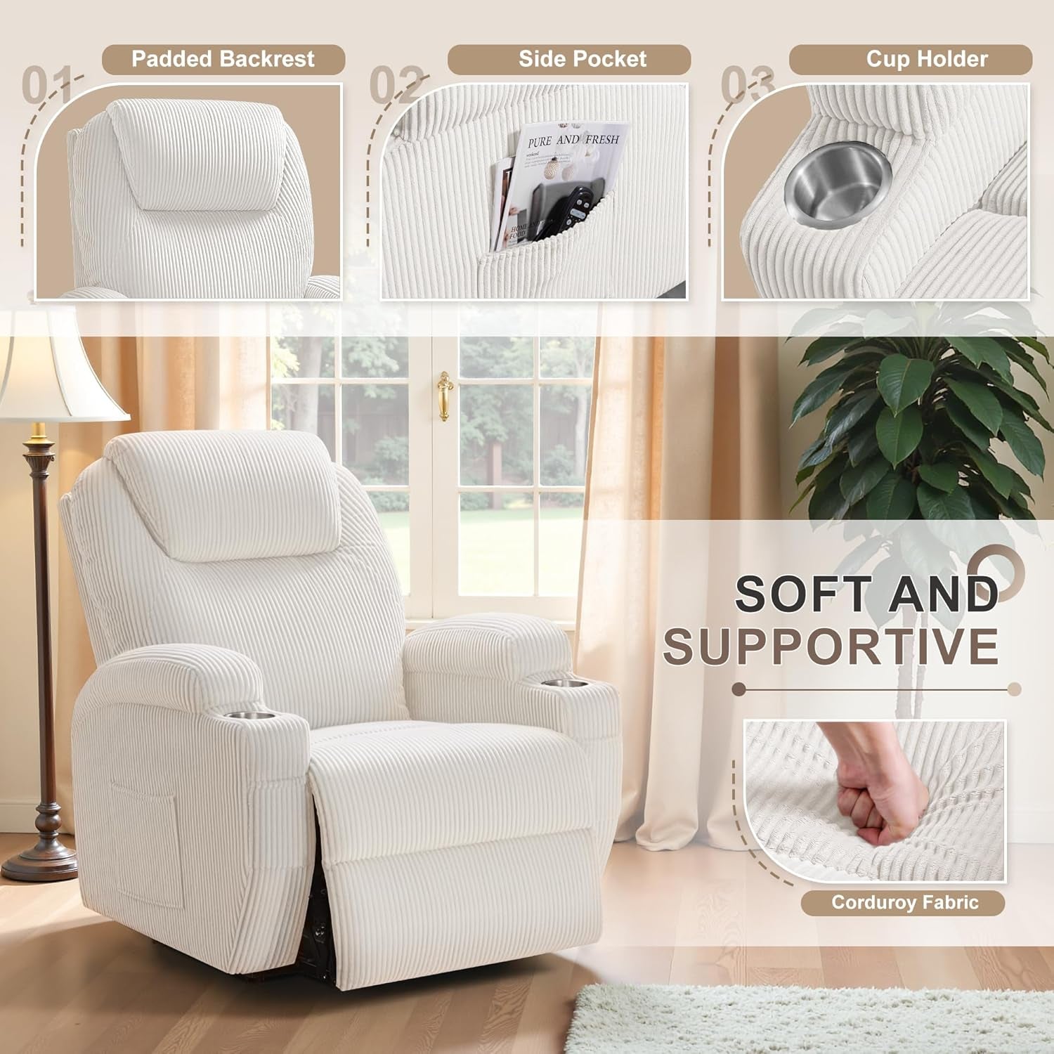 Power Lift Recliner Chair with Massage for Elderly Ergonomic Lounge Chair Classic Single Sofa with 2 Cup Holders Side Pockets Home Theater Seat (Corduroy, Beige)-1