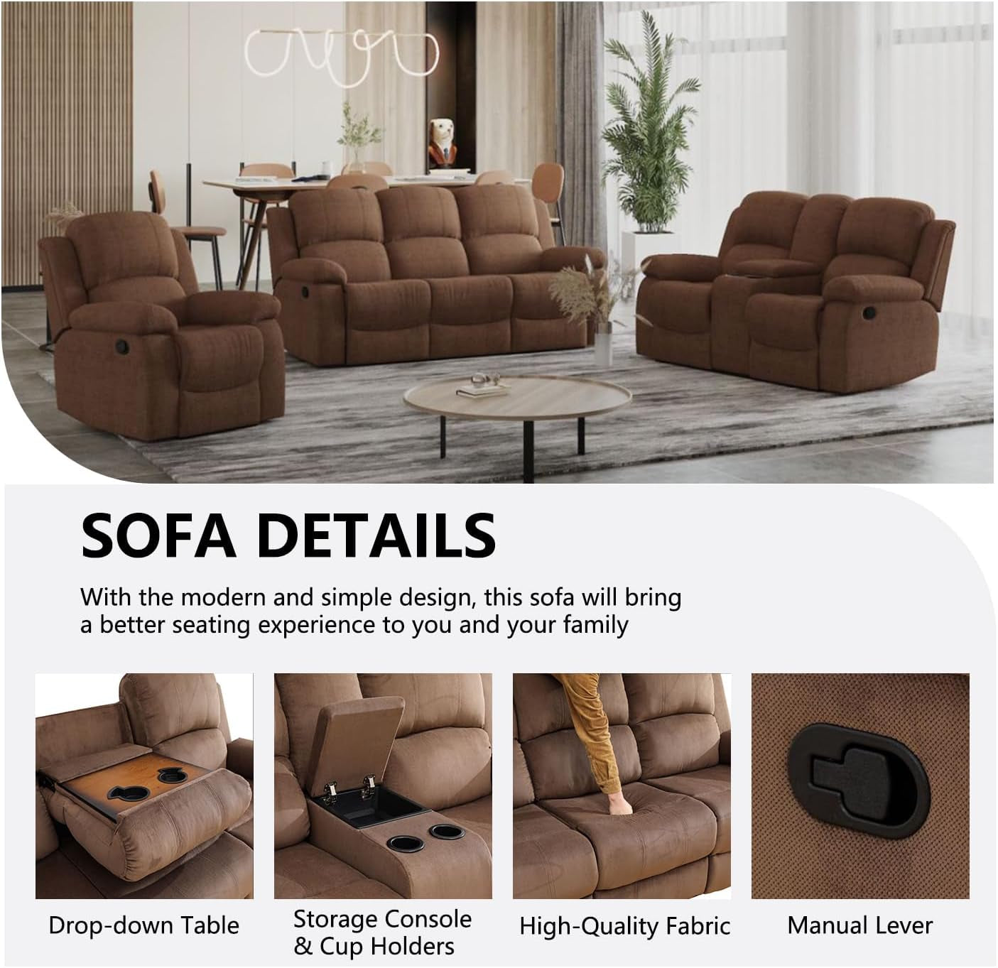 Manual Recliner Sofa Set,Microfiber Reclining Couch Set,Modern Living Room Furniture Set,Reclining Sofa Couch Chair for Living Room Home Office(Brown,3 Pieces Set)-3