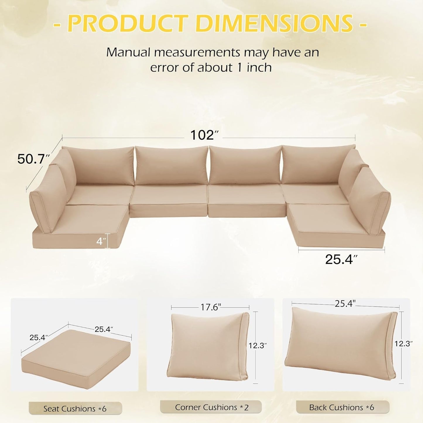Outdoor Replacement Cushions for Patio Furniture,Water-Repellent Sofa Cushion for 6-Seat Rattan Wicker Sectional Patio Conversation Sets,14-Piece Cushions Set for Outdoor Couch (Khaki)-2