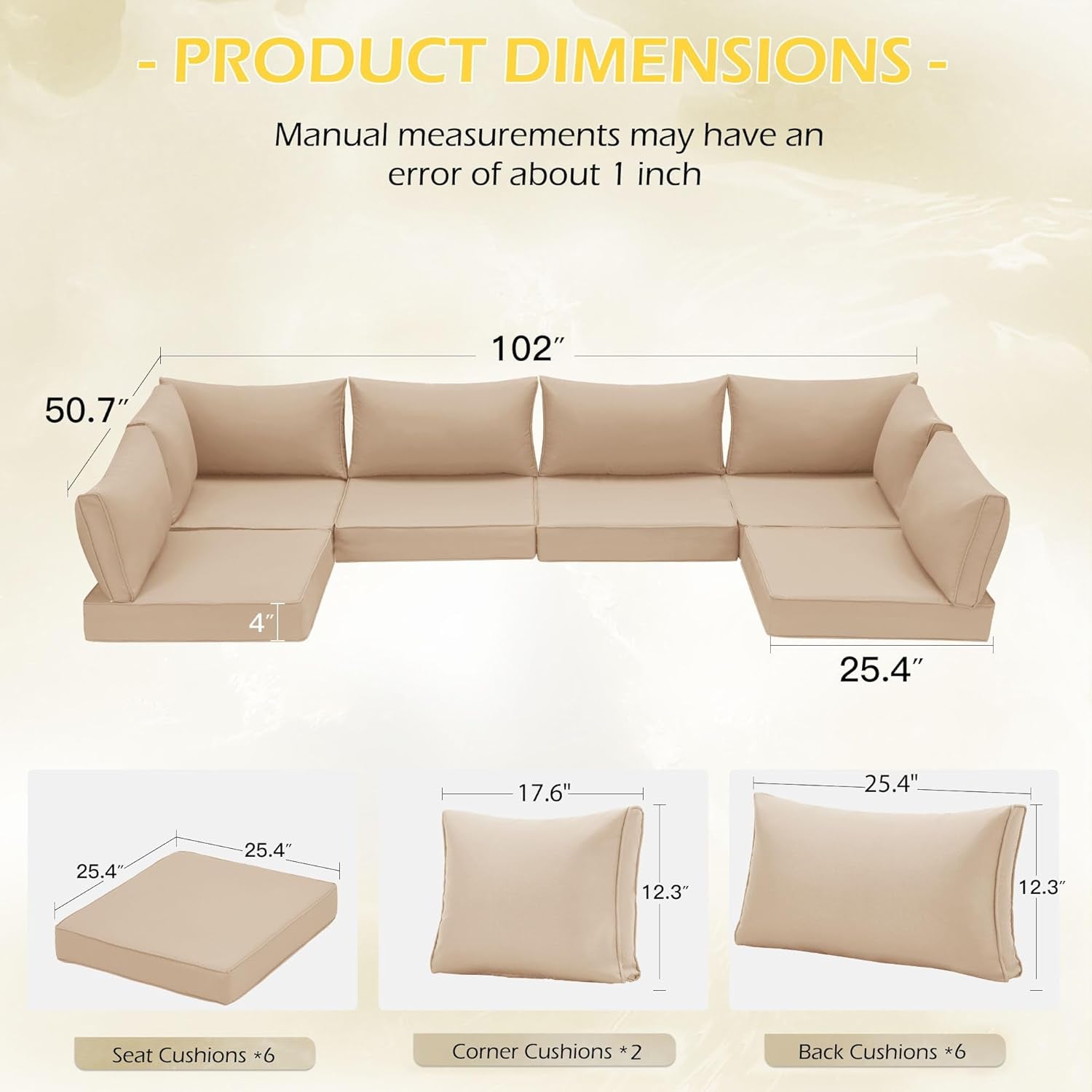 Outdoor Replacement Cushions for Patio Furniture,Water-Repellent Sofa Cushion for 6-Seat Rattan Wicker Sectional Patio Conversation Sets,14-Piece Cushions Set for Outdoor Couch (Khaki)-2