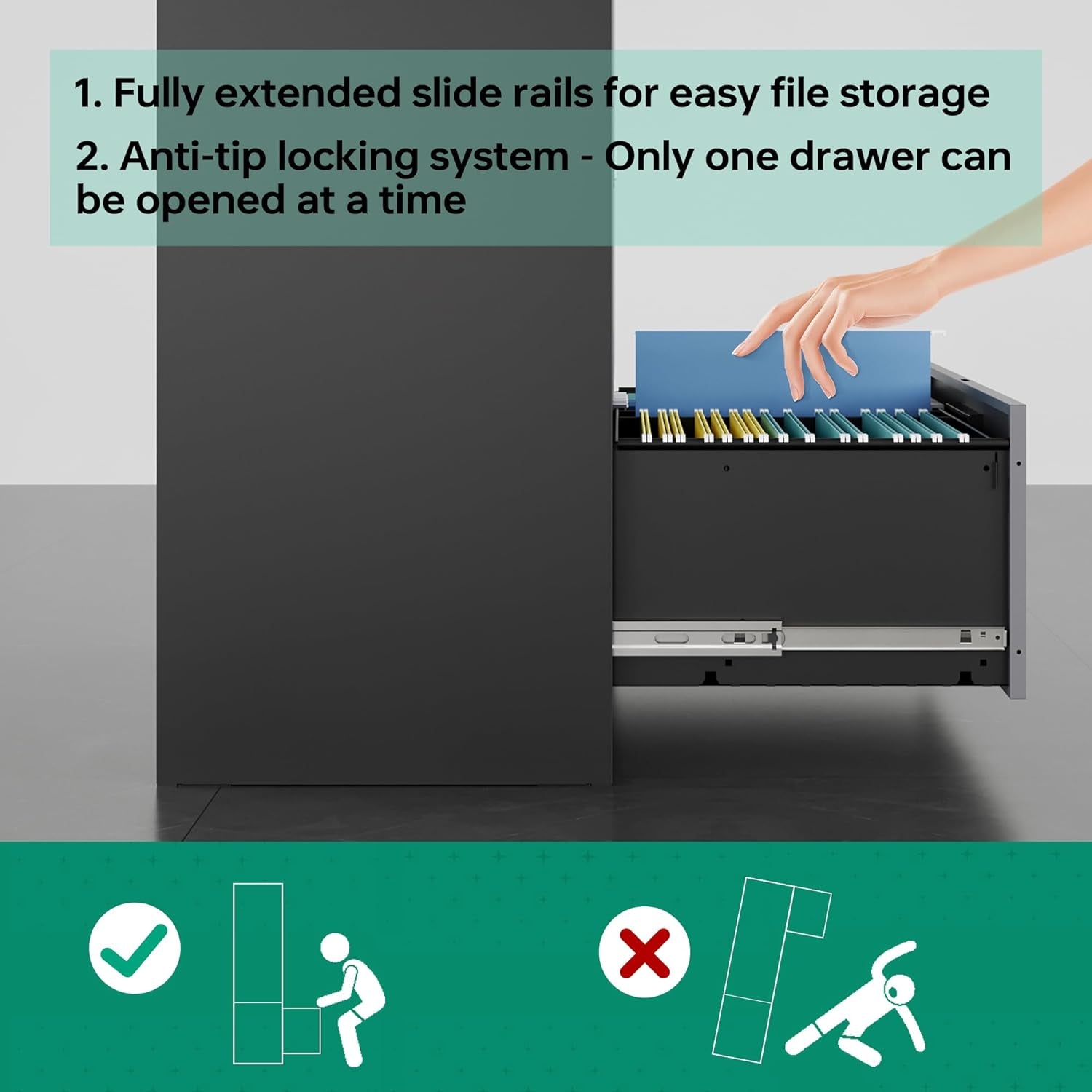 File Cabinet with Lock-Lateral 2 Drawer Metal Filing Cabinets-Organization Storage Cabinets for Home Office-Hanging Letter/Legal/F4/A4 Size (2 Drawer-Grey Black)-3