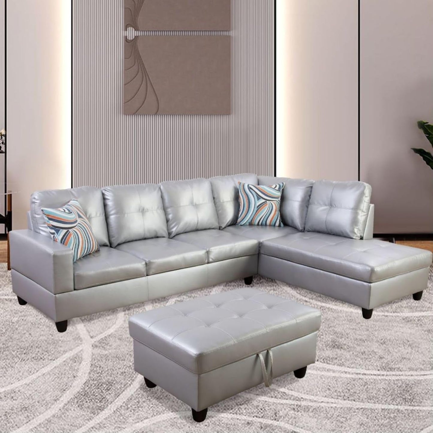 L-Shaped 3-Piece Semi PU Synthetic Leather Sofa with Storage Ottoman Set, Sectional Couch Sofa Set for Living Room, Office, Small Space, Silver White-3