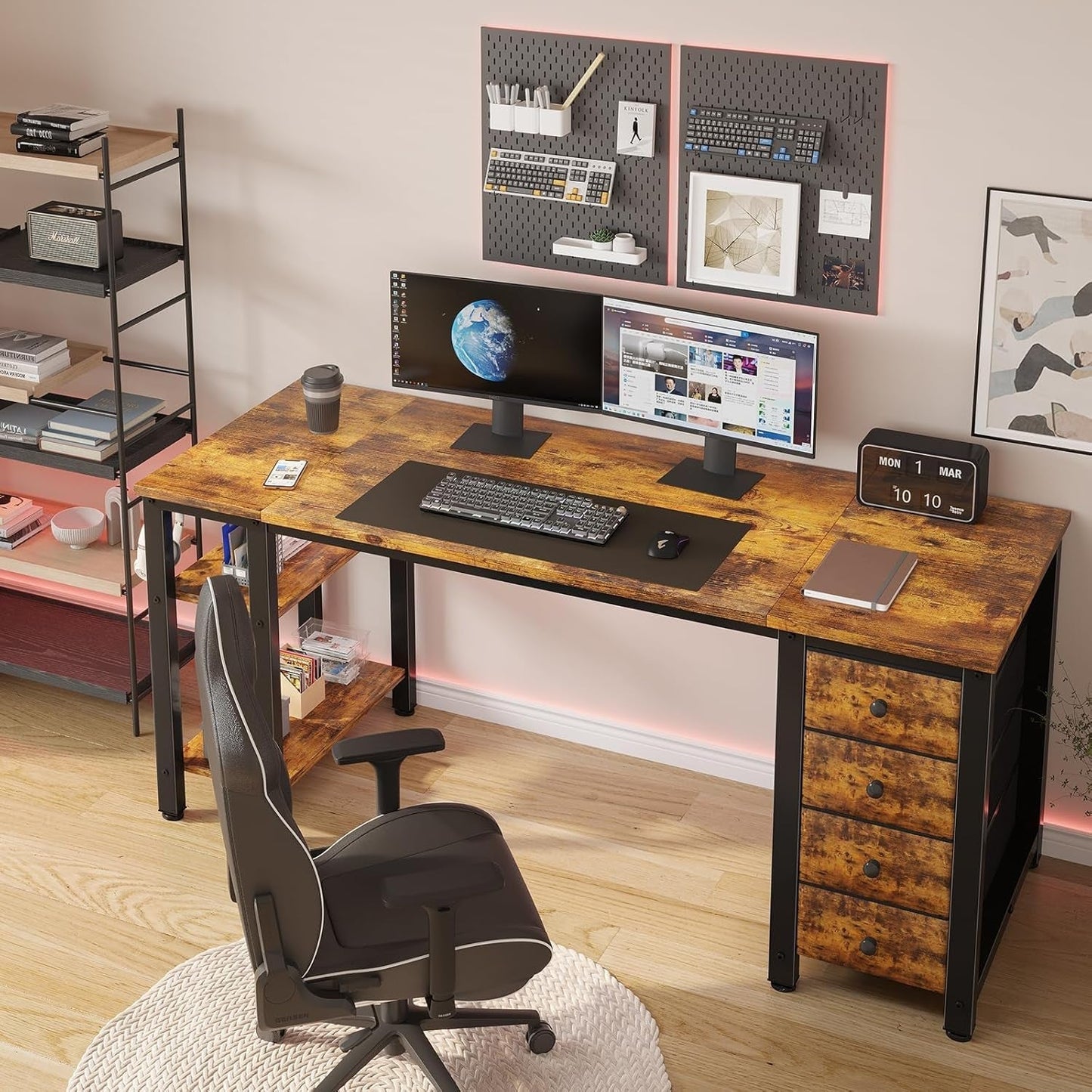 55 Inch Computer Desk with 4 Fabric Drawers & Storage Shelves, Writing Work Study Desk for Home Office Bedroom, Modern Simple Student PC Desks Table, Rustic Brown-1