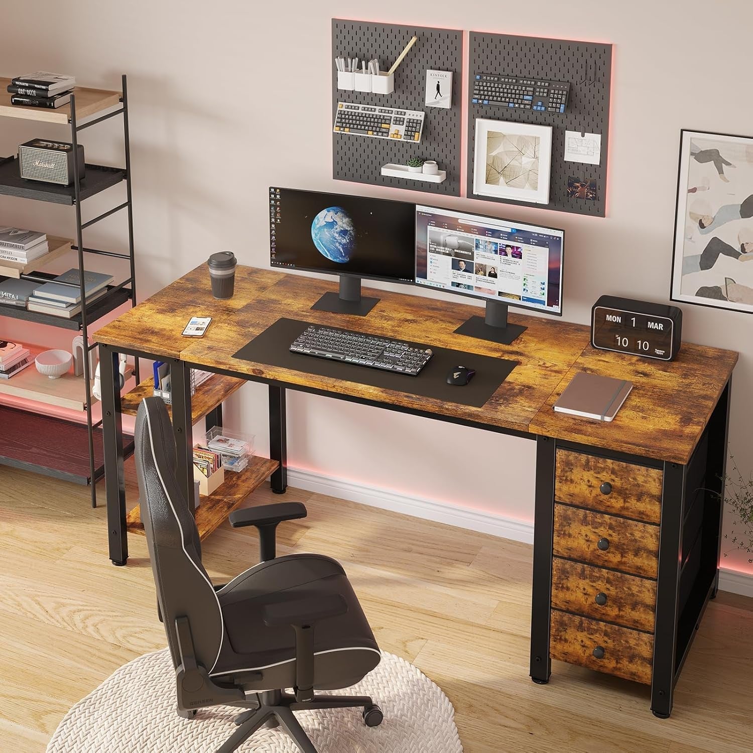 55 Inch Computer Desk with 4 Fabric Drawers & Storage Shelves, Writing Work Study Desk for Home Office Bedroom, Modern Simple Student PC Desks Table, Rustic Brown-1