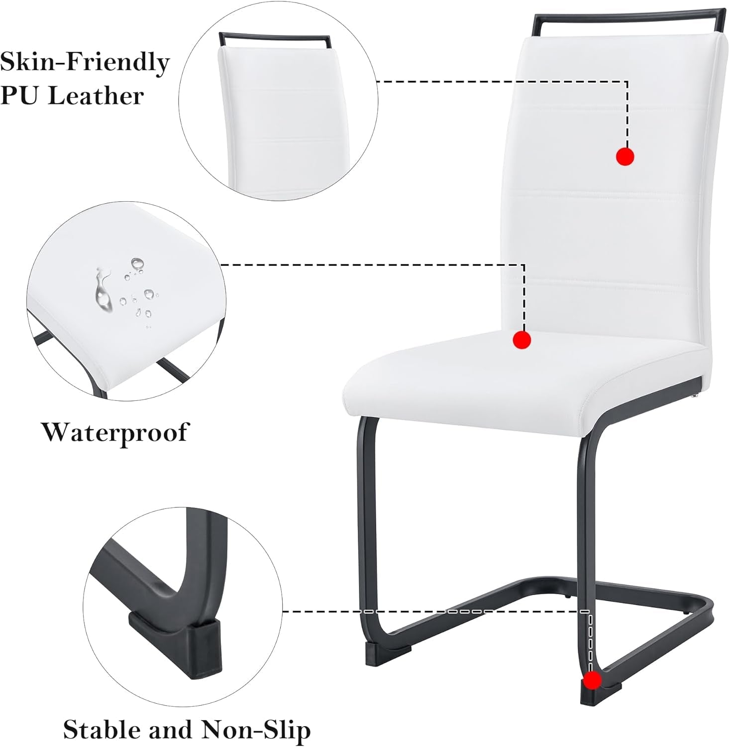Modern Dining Chairs Set of 4, PU Faux Leather High Back Upholstered Dining Room Side Chair with Horizontal Stripe Backrest Design for Kitchen Living Room Dinner Chairs, White with Black Legs-2