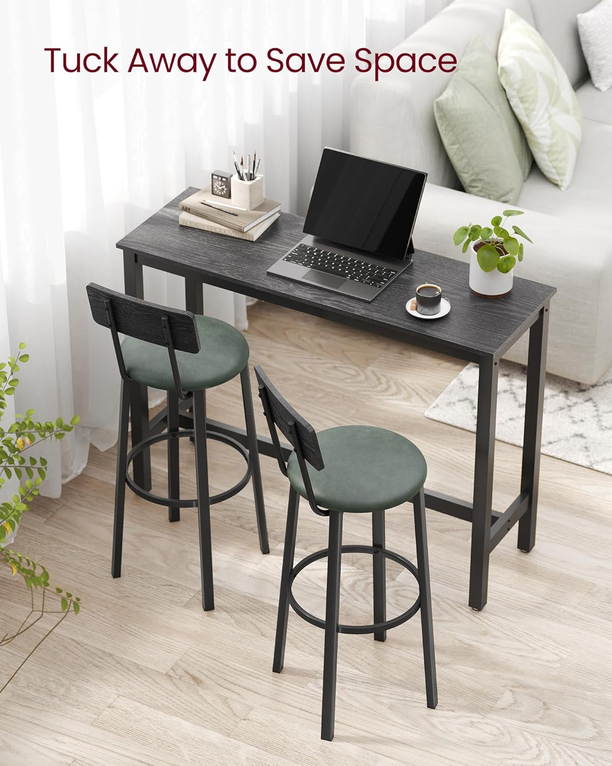 Bar Stools, Set of 2 PU Upholstered Breakfast Stools, 29.7-Inch Barstools with Back and Footrest, Simple Assembly, for Dining Room Kitchen Counter, Classic Black and Forest Green ULBC069C01-3