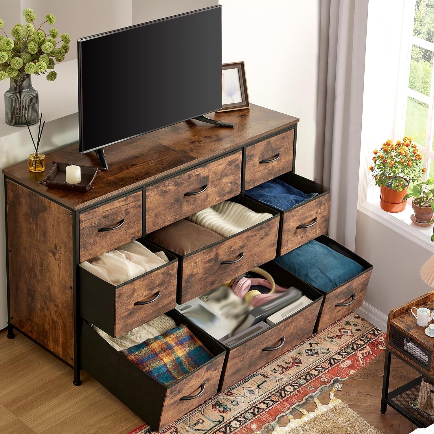 Dresser, Dresser for Bedroom with 9 Drawers, Wide Dresser TV Stand for 55” TV Stand for Bedroom Dresser Long Dressers & Chests of Drawers, Metal Frame&Wood Top, Closet, Hallway, Rustic Brown-1
