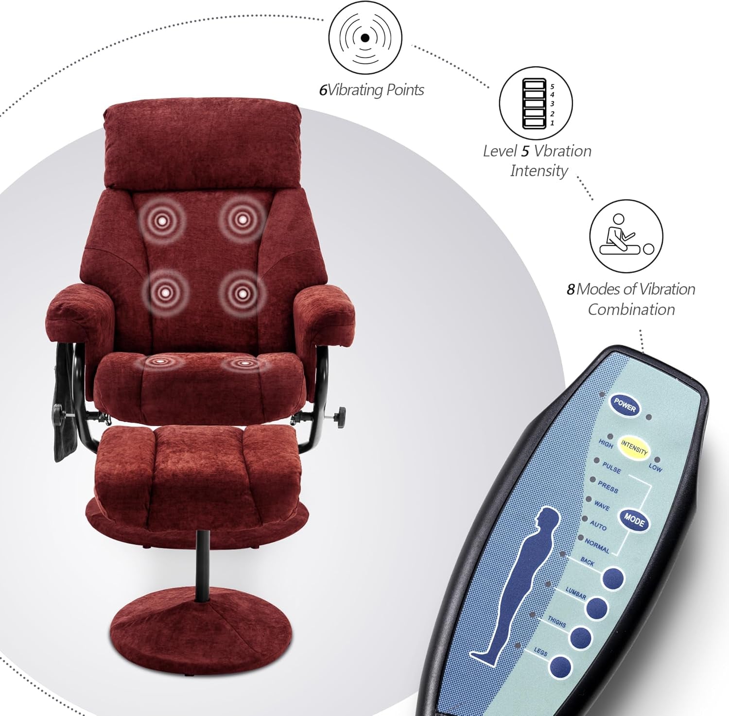 Swivel Recliner with Ottoman, TV Chair with Vibration Massage, Ideal for RV Small Space, Living Room & Bedroom 4539 4828 (Textile, Burgundy)-4