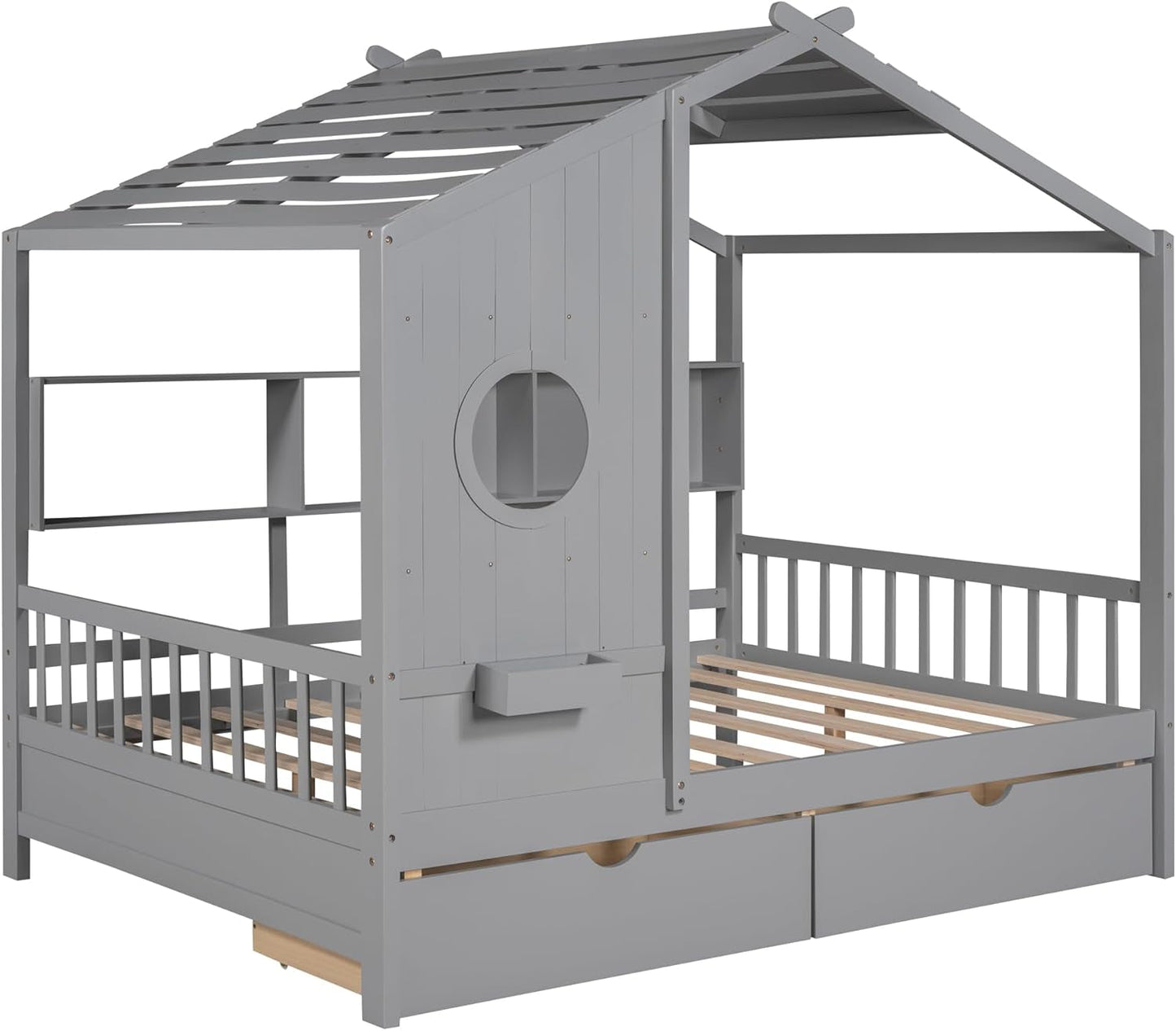 Kids Full Playhouse Bed with Drawers Shelves-4