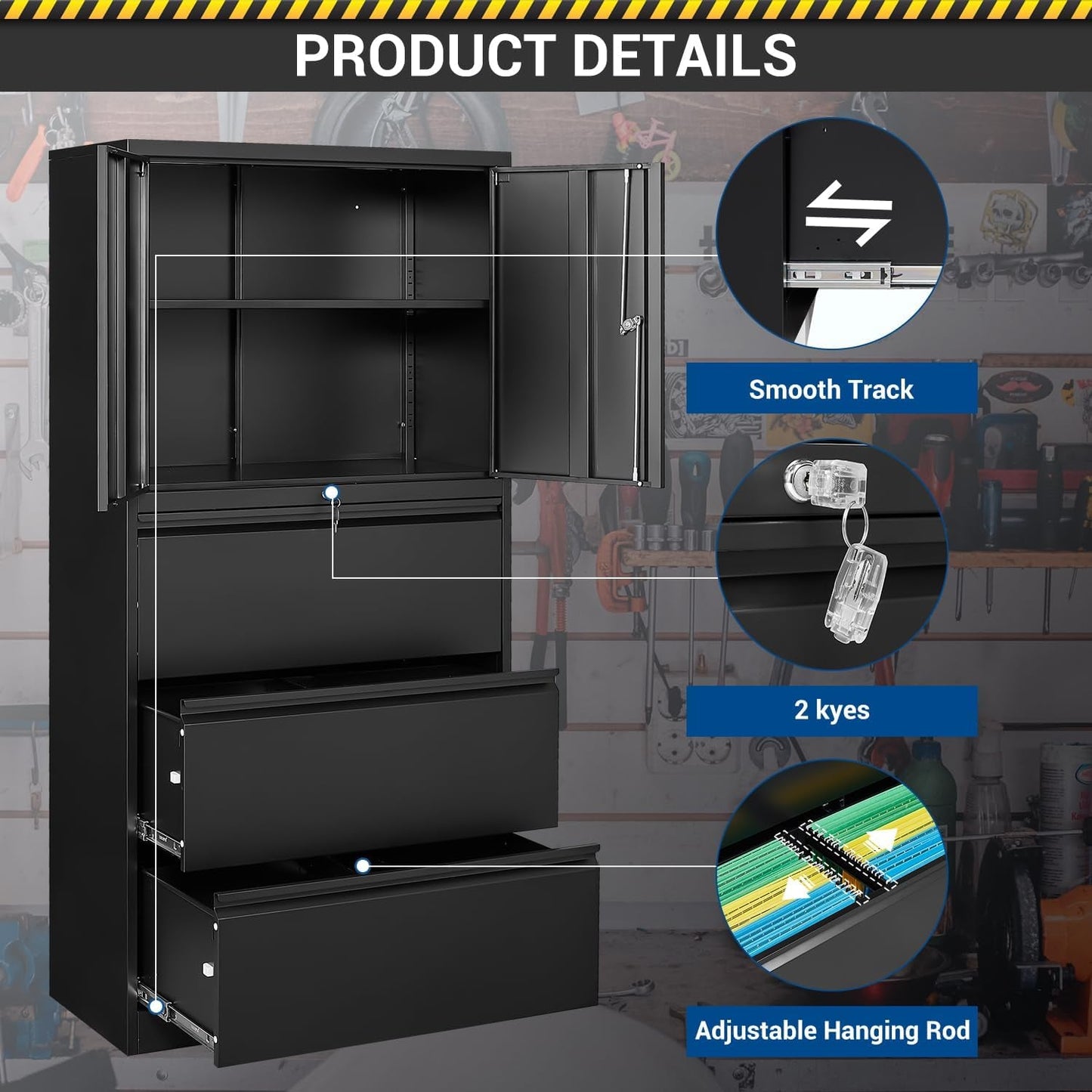 3 Drawers Lateral File Cabinet with Lockable Drawer and Door- Large Steel Filing Cabinet for Home Office Hanging Files Letter/Legal/F4/A4 Size-3