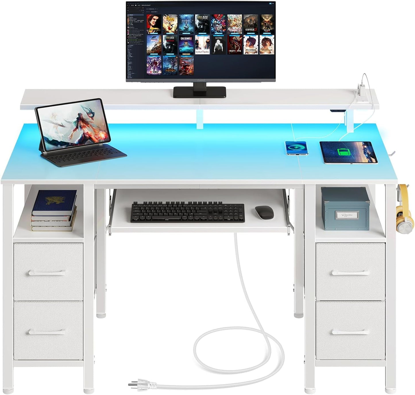 Computer Desk 47.2" with LED Lights & Power Outlets, Home Office Desk with 4 Drawers, Writing Desk with Keyboard Tray, Study Desk with Monitor Stand, Work Desk for Home Office, White-0