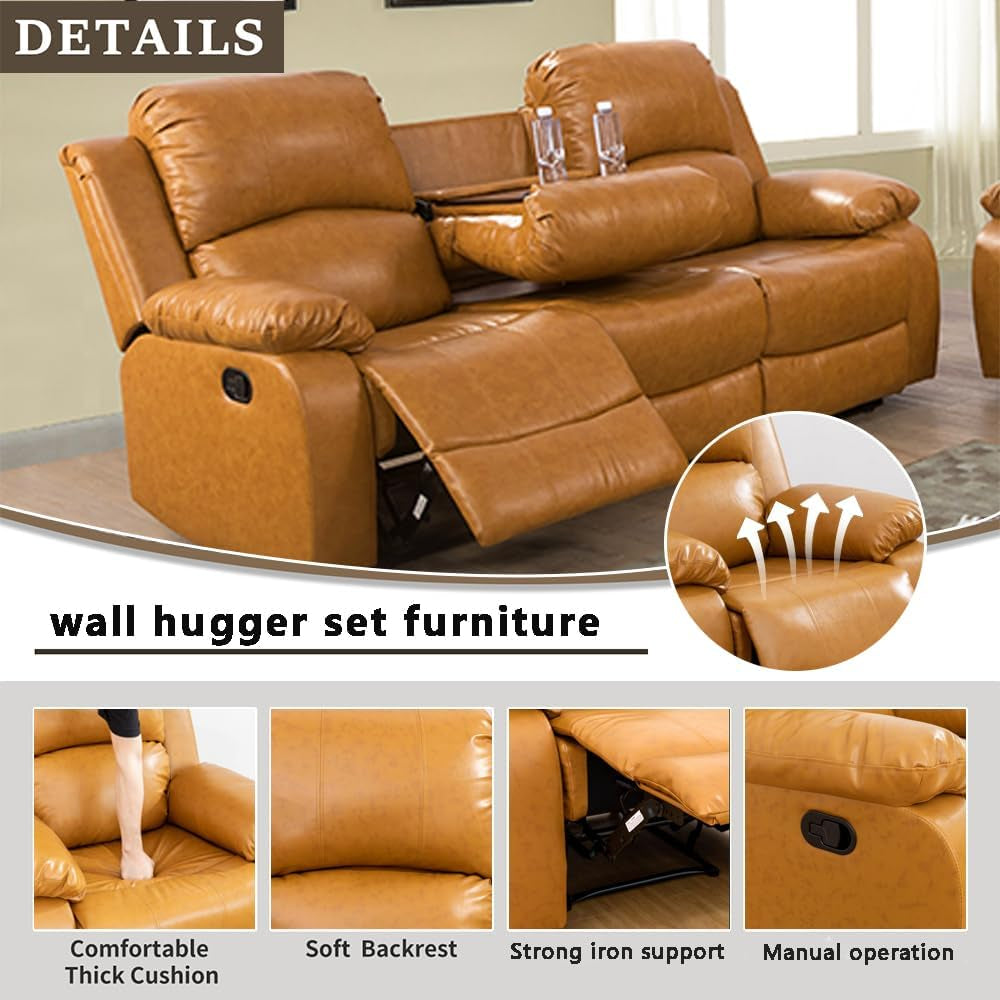 Living Room Furniture Set Leather Recliner Sofa Set Loveseat Chair Furniture Sofa Set for Living Room/Small Space/Rv/House/Office/Theater Seating (A-Ginger Leather, Sofa(3Seater))-2