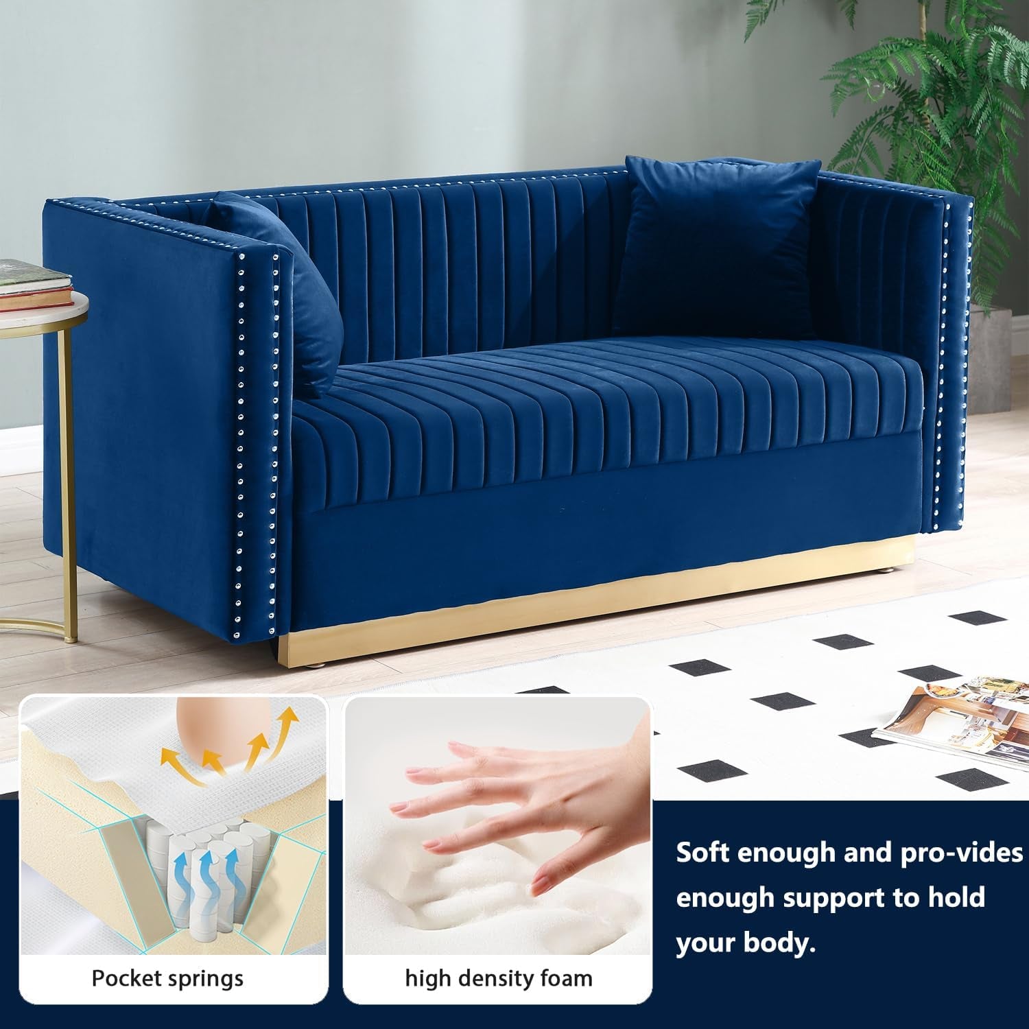 Velvet Sofa Set: Modern L Shaped Couch and Loveseat Set with Gold Metal Legs and Nailhead for Living Room, Apartment and Office (Blue)-3