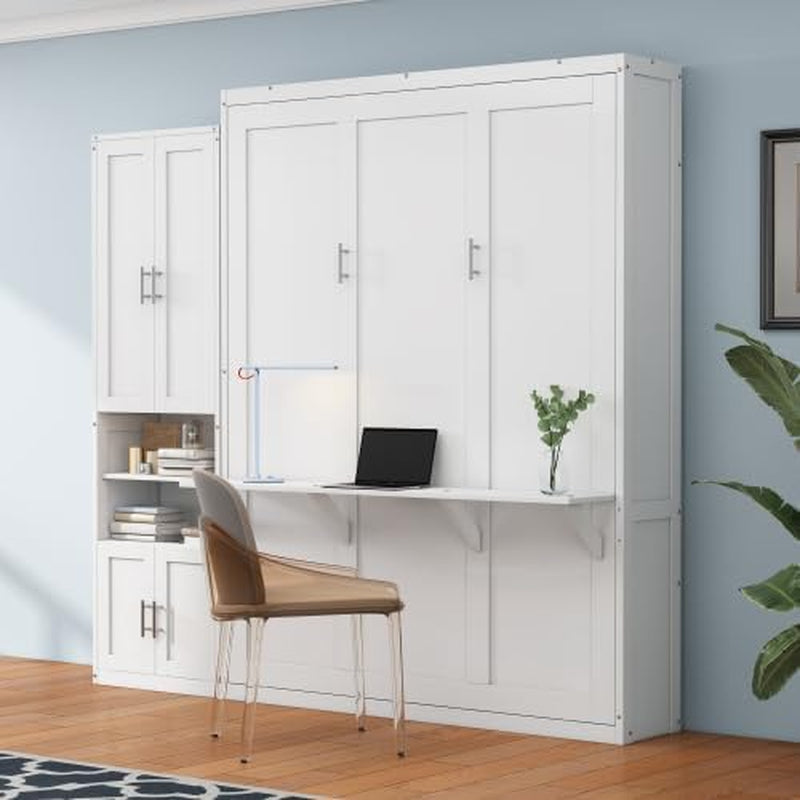 Queen Size Murphy Bed with Storage Shelf White-6