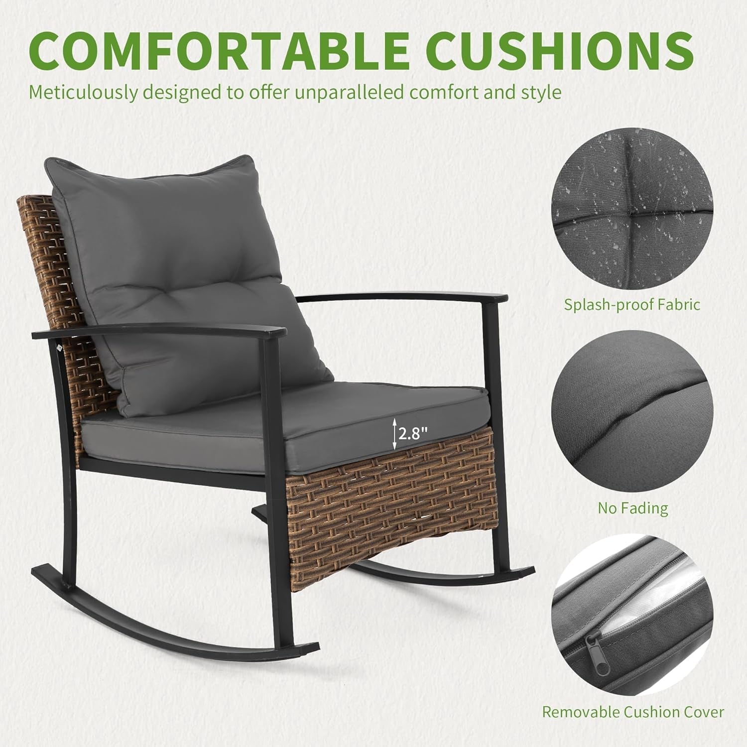 Outdoor Rocking Chair Set with Cushions and 2-Tier Coffee Table, Rattan Wicker 3 Pieces Patio Bistro Furniture Sets for Garden, Porch, Balcony, Backyard Grey-3