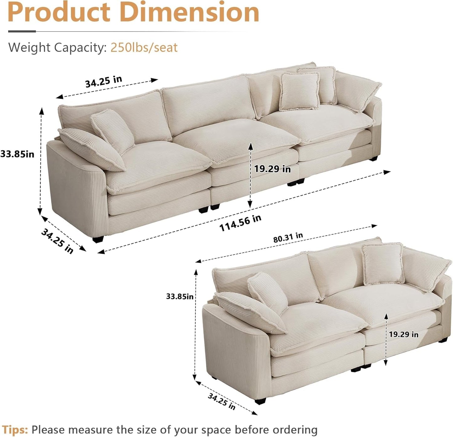 Oversized 2 Piece Sofa Set for Living Room, 3-Seater & Loveseat Couch, Modular Sectional Deep Seat Corduroy Comfy Cloud Couches with 4 Armrest Pillows and 5 Toss Pillows, Beige-1
