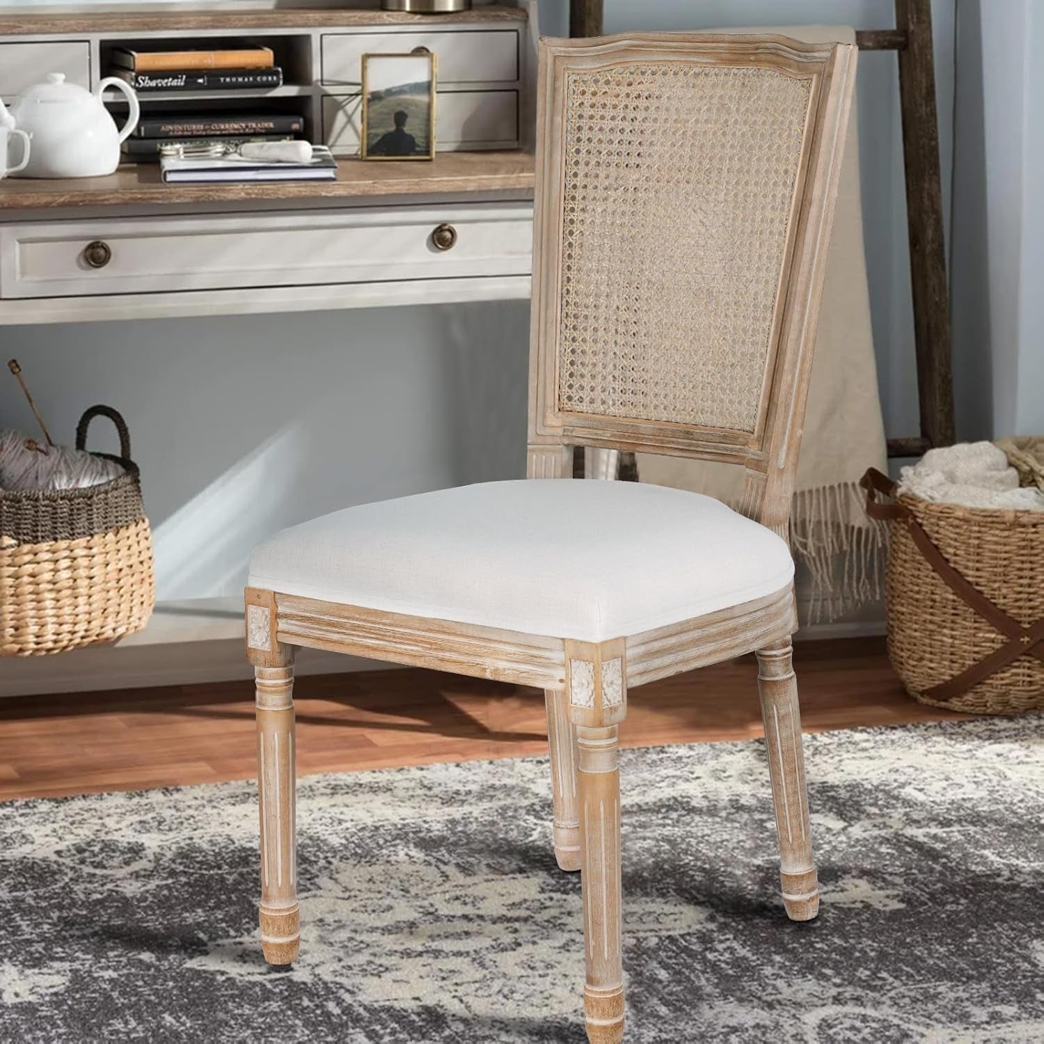 Dining Chairs Set of 2 Beige Rattan Square Back with Solid Wood Legs and Frame for French Country Kitchen Dining Room-1