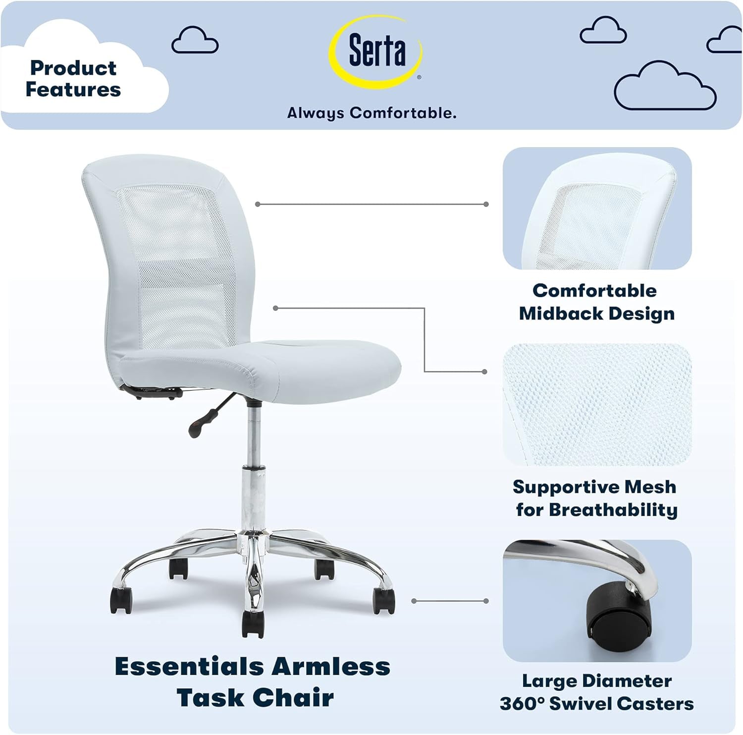 Essential Armless Deskchair, Small Task Chair with Wheels, Breathable Mesh Back, quality Foam Cushion Seat for Comfort, Functional, Lightweight and Versatile, Sky Blue-3