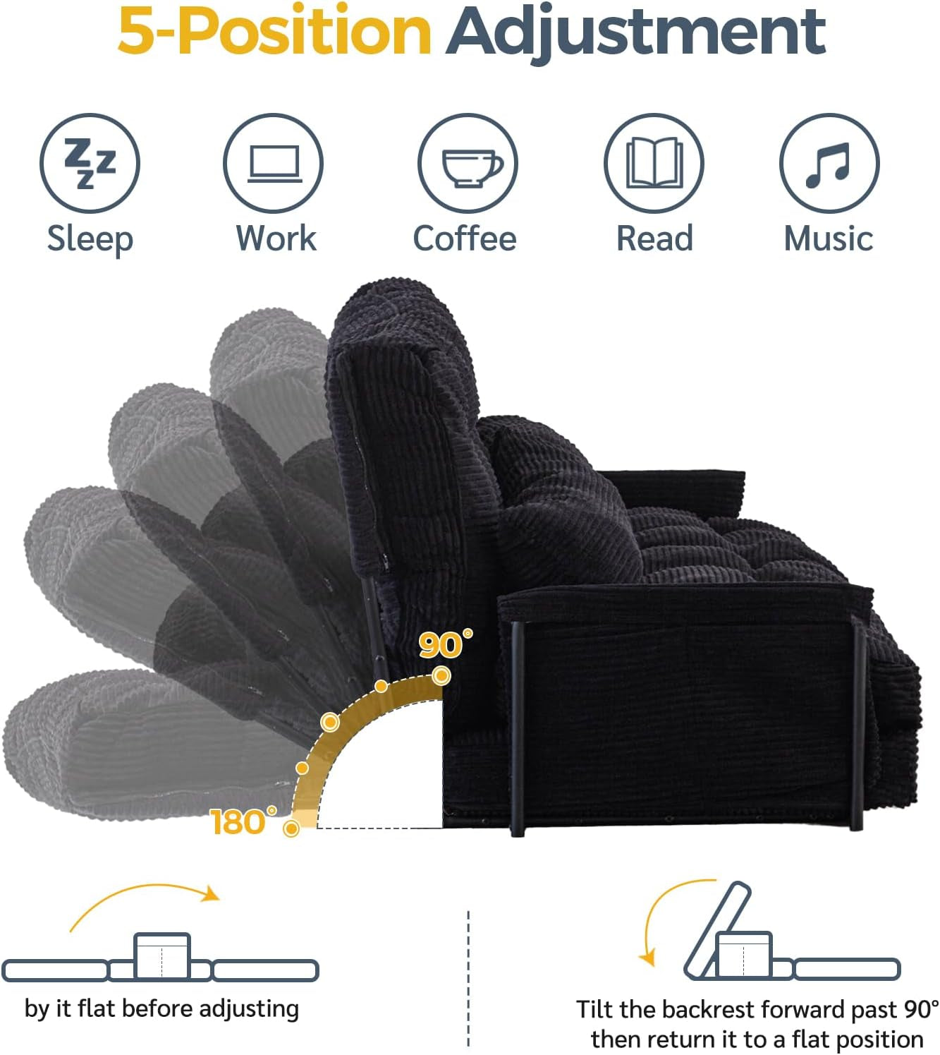 Adjustable Floor Sofa Couch with 2 Pillows, Multi-Functional Bean Bag Bed, 5-Position Foldable Lazy Sofa Sleeper Bed with Armrest, Versatile Floor Seating Sofa for Reading, Black, Double-3