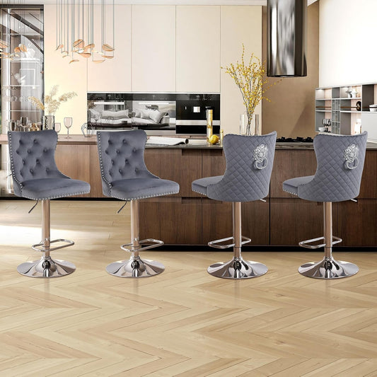 Velvet Adjustable Swivel Bar Stools Set of 4, High Tufted Back Modern Counter Height Stools Chrome Footrest/Lion Pull Ring/Rivet Trim/Diamond Pattern Kitchen Dining Pub Bar Chairs, Dark Grey-0