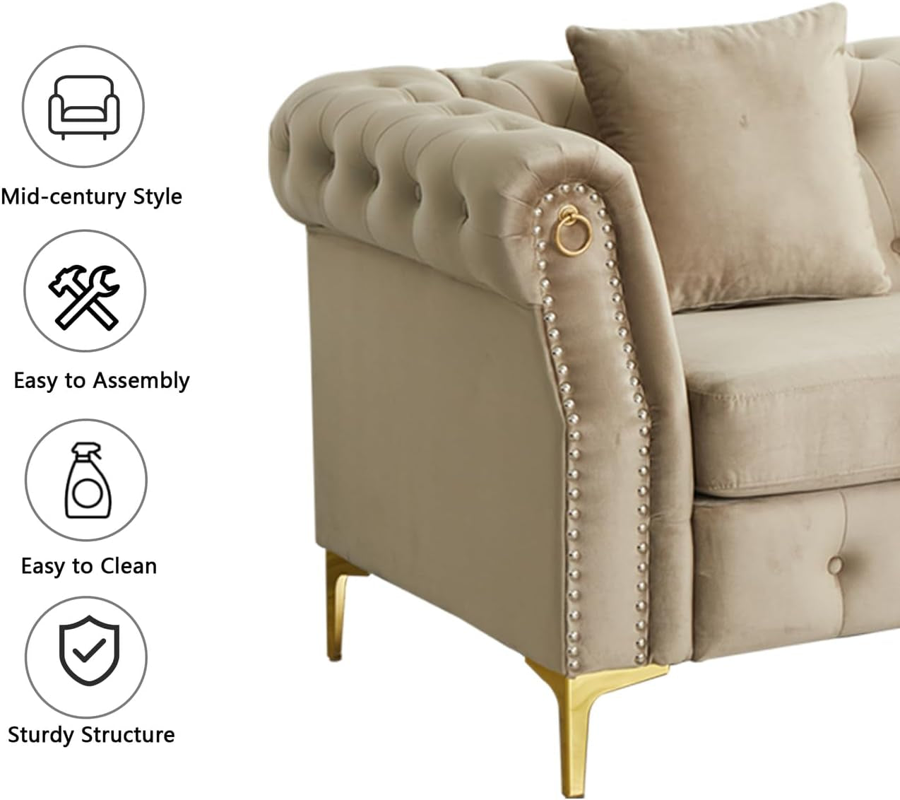 3 Piece Living Room Set, Mid-Century Style Sofa,Button Tufted Armchair Loveseat Couch with Square Pillows and Nailhead Trim for Living Room Beige-3