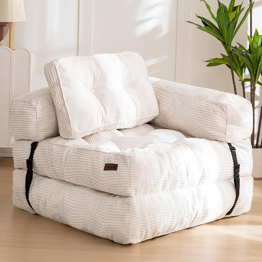 Folding Sofa Bed, L-Shaped Convertible Sofa Bed with Armrest, Beige-0