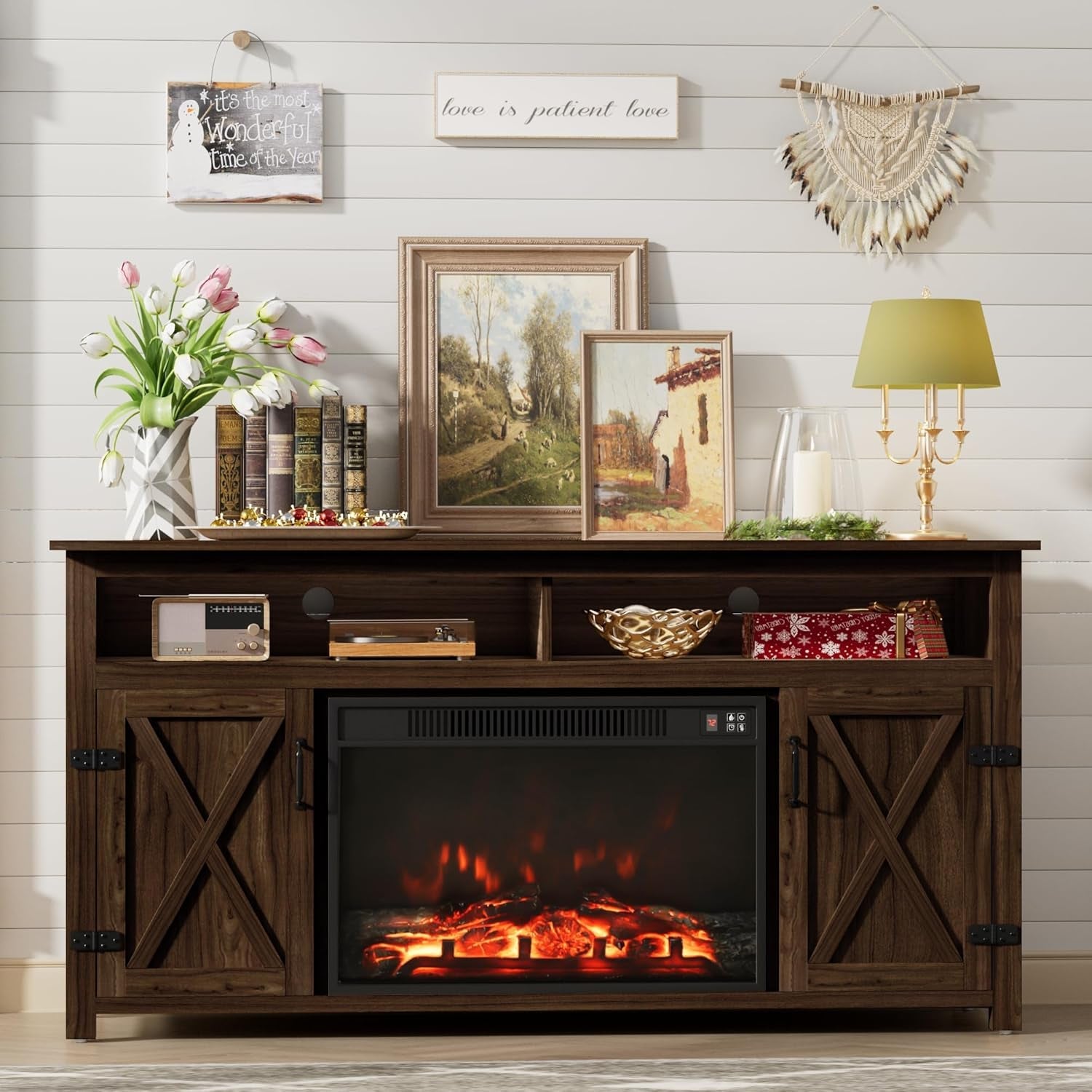 Farmhouse Fireplace TV Stand for Tvs up to 65 Inch Highboy Entertainment Center with Open Storage and Side Cabinets Rustic Media Console Table with Barn Doors for Living Room (Barnwood)-0