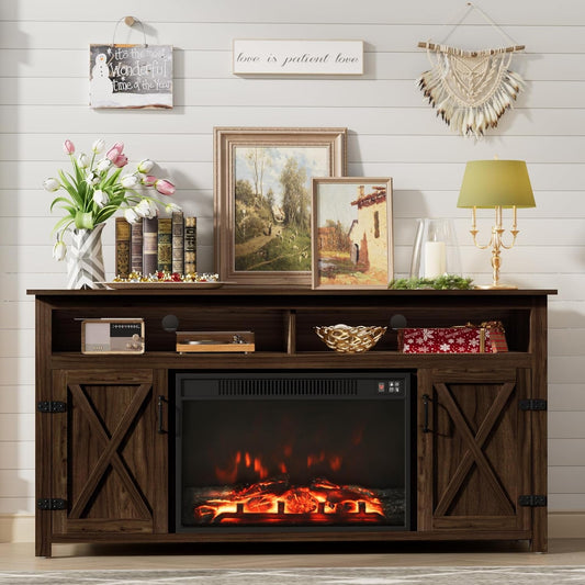 Farmhouse Fireplace TV Stand for Tvs up to 65 Inch Highboy Entertainment Center with Open Storage and Side Cabinets Rustic Media Console Table with Barn Doors for Living Room (Barnwood)-0