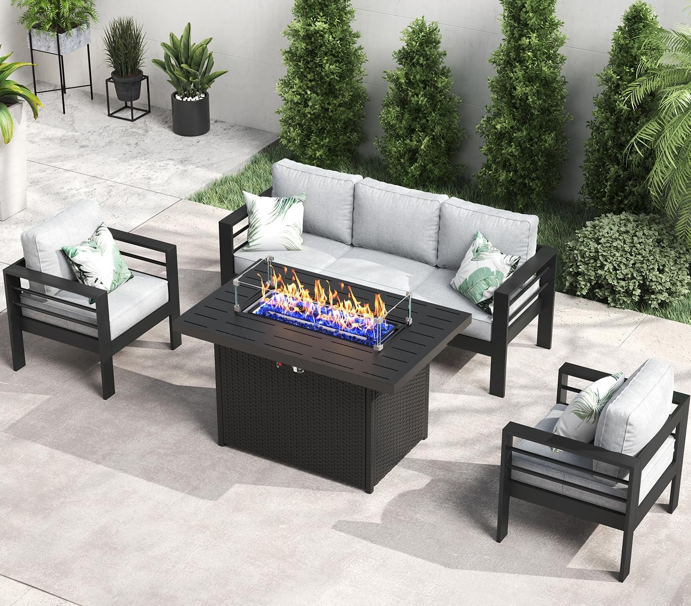 Aluminum Furniture Set with Fire Pit Table, 4 Pieces Patio Sectional Conversation Chat Sofa Modern Seating Set-0