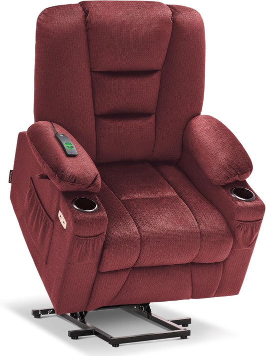 Power Lift Recliner Chair with Massage and Heat for Elderly People, Cup Holders, USB Ports, Side Pockets, Fabric 7529 (Medium, Burgundy)-0
