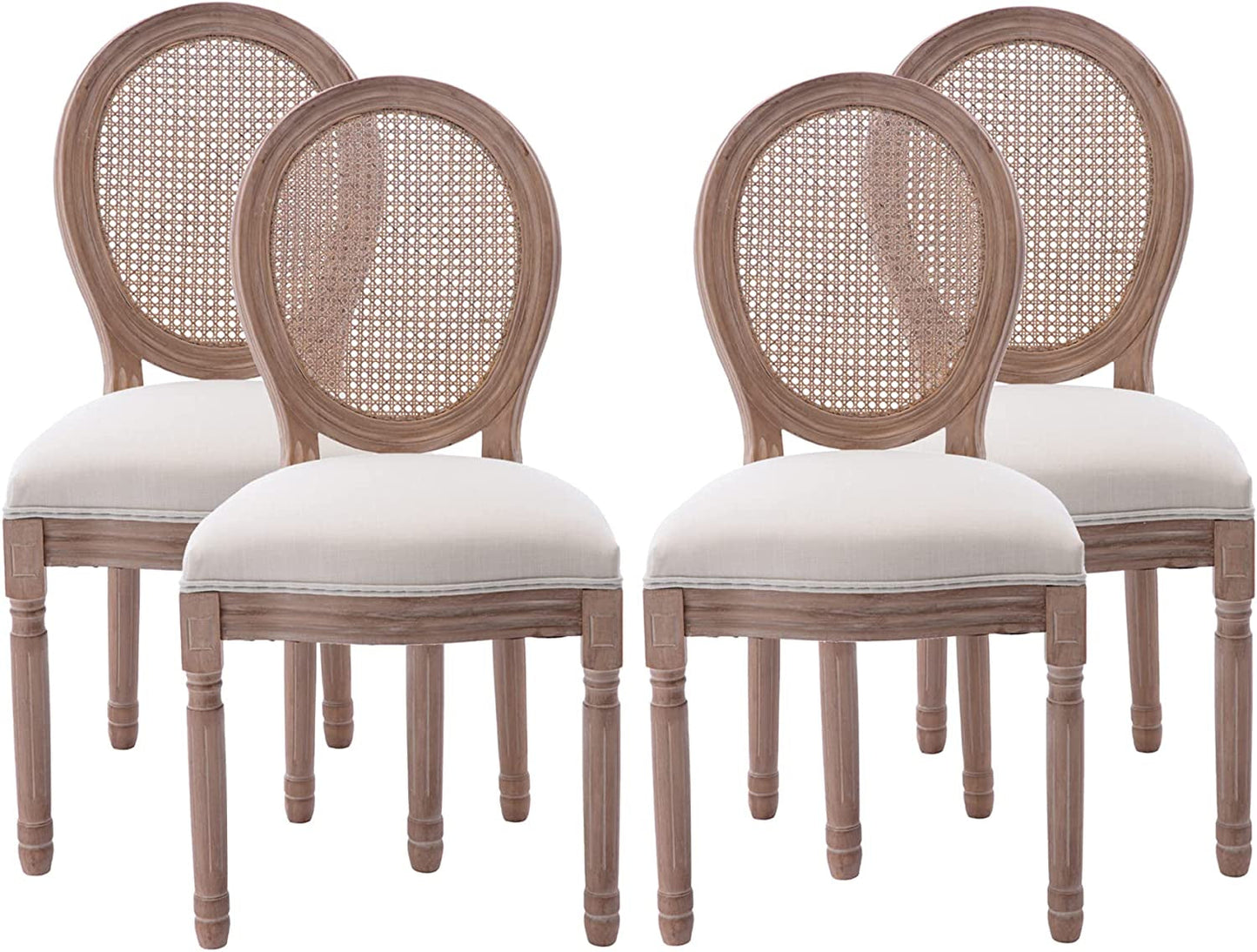 French Country Dining Chairs Set of 4, Farmhouse Fabric Chairs with round Back, Rattan Dining Chair, Oval Side Chairs for Dining Room/Living Room/Kitchen/Restaurant-0