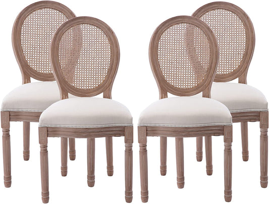 French Country Dining Chairs Set of 4, Farmhouse Fabric Chairs with round Back, Rattan Dining Chair, Oval Side Chairs for Dining Room/Living Room/Kitchen/Restaurant-0