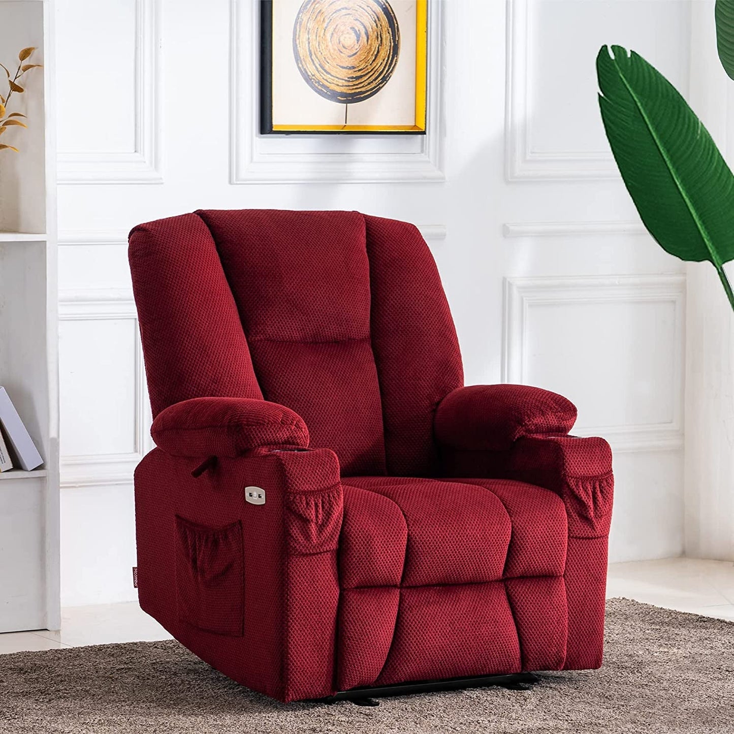 Fabric Electric Power Recliner Chair with Heat and Massage, Burgundy-0