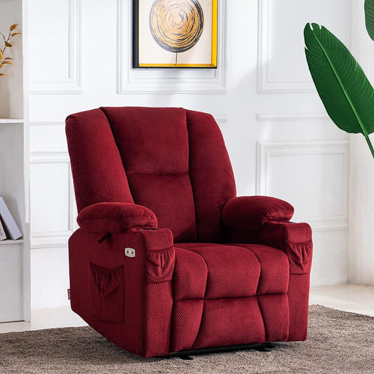 Fabric Electric Power Recliner Chair with Heat and Massage, Burgundy-0