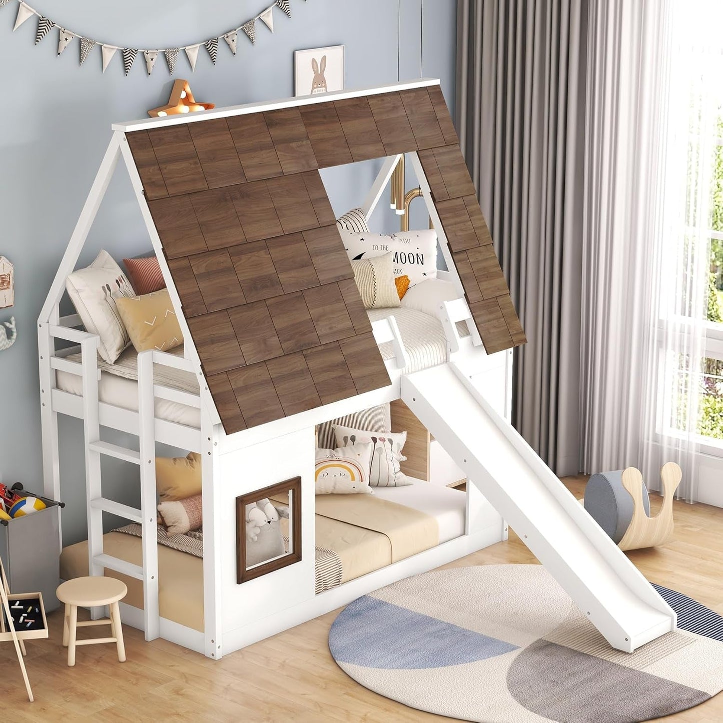 Twin over Twin House Bunk Bed Frame with Roof,Window,Ladder and Slide for Boys Girls, White & Brown-3